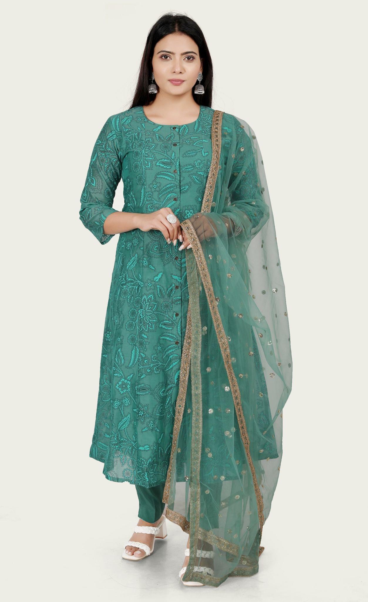 Prakhya Turquoise Cotton Chanderi Embroidered Suit Set