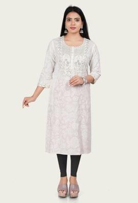 Women's Tanveer Off White Rayon Embroidered Straight Kurtis