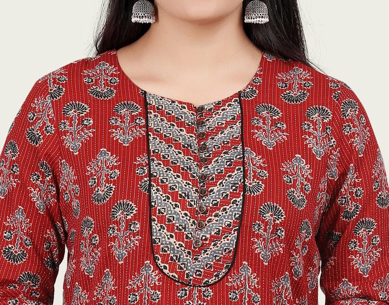 Women's Farida Red Cotton Embroidered Straight Kurtis