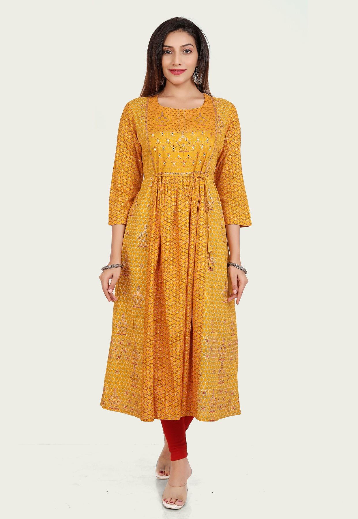 Rayon Straight Mirror Embroidered Kurti Mustard  VEDANA