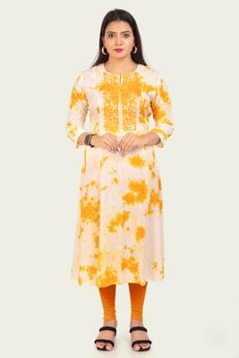 Mahreen Cram & Yellow Rayon Embroidered A-Line Kurta