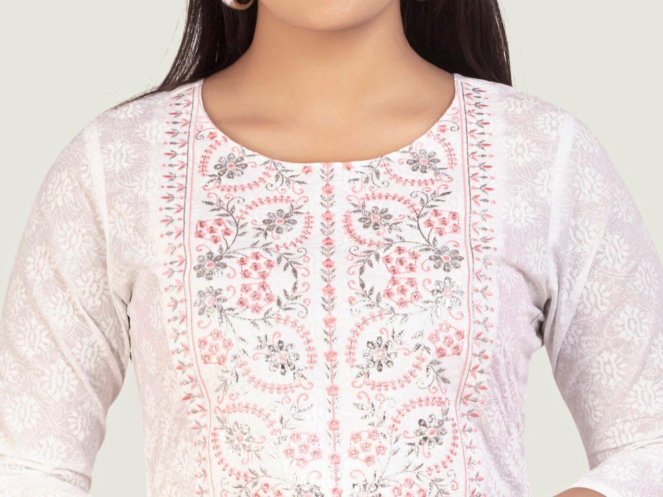 Hafsah White Cotton Embroidered Straight Kurtis
