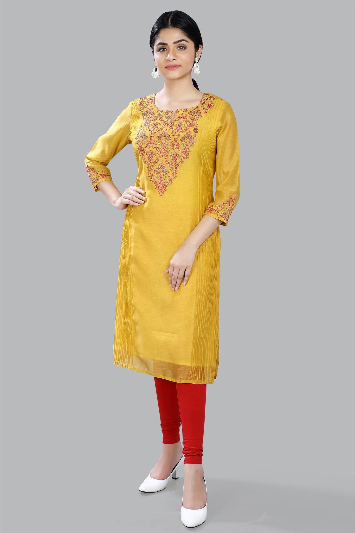 Miray Mustard Cotton Chanderi Straight Kurtis