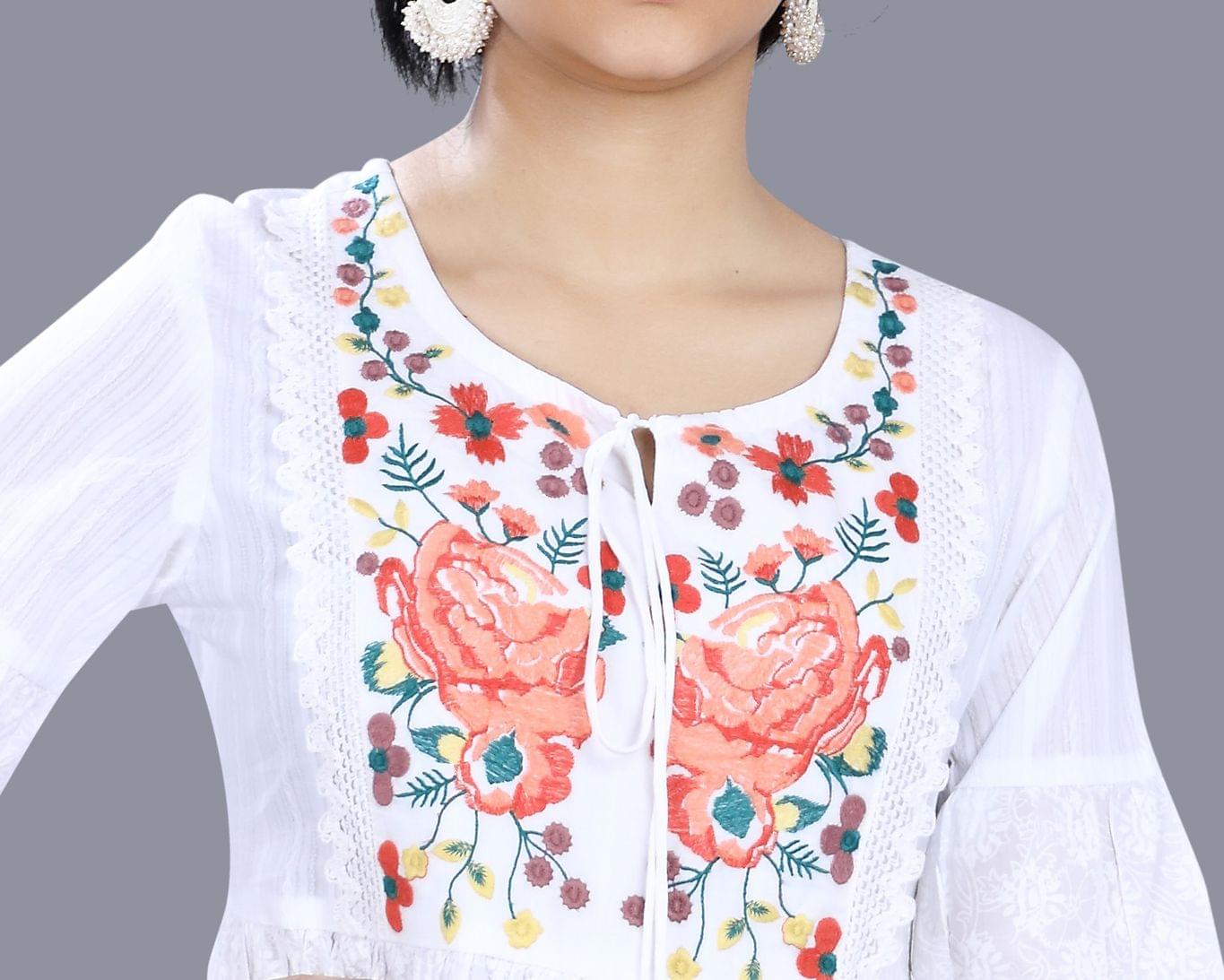 Sanem White Cotton Embroidered Pleated Kurti