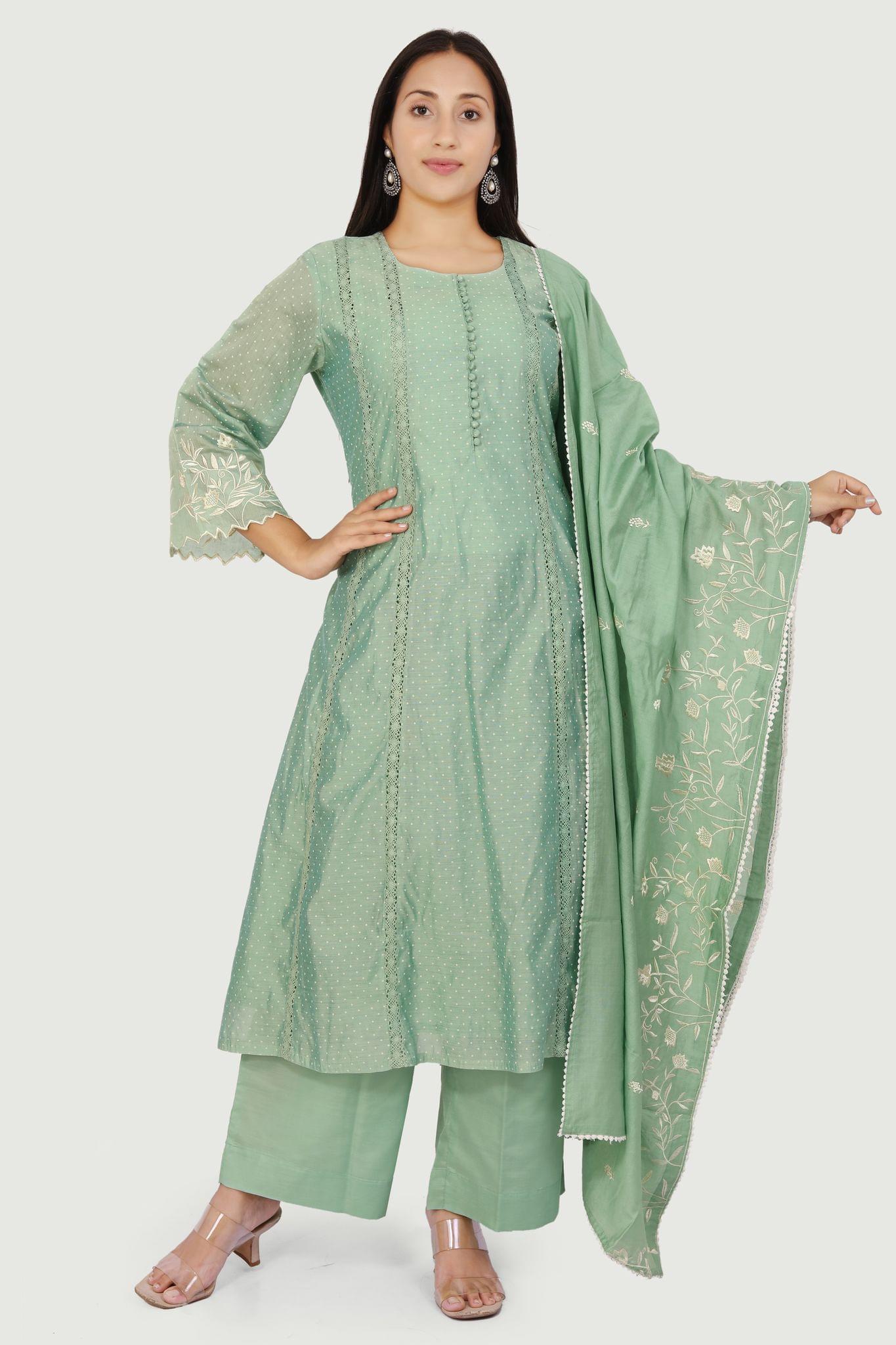 Hadiya Light Pista Chanderi Printed & Emb A-Line Suit Set