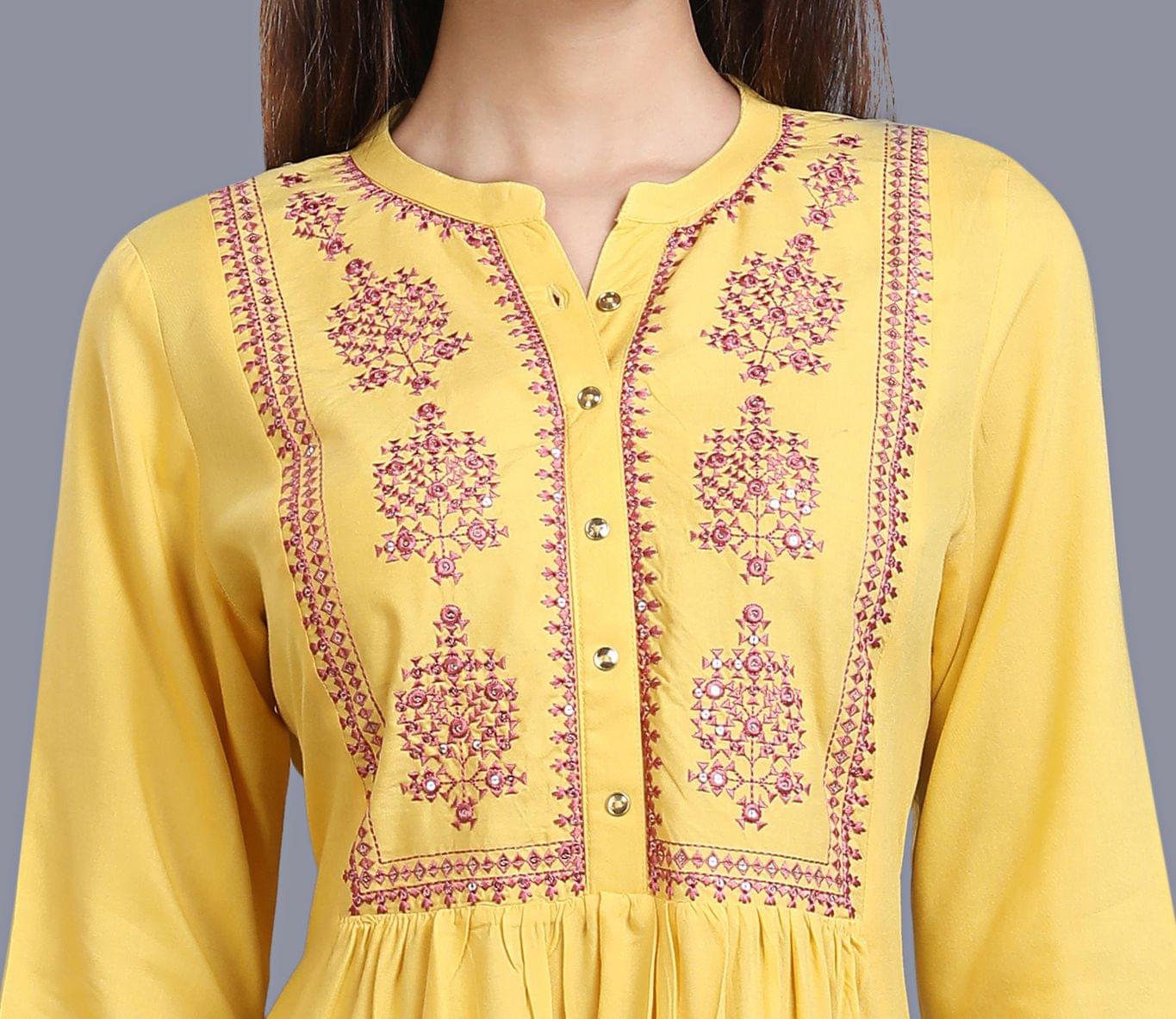 Hiranur Yellow Rayon Embroidered  A Line Kurta