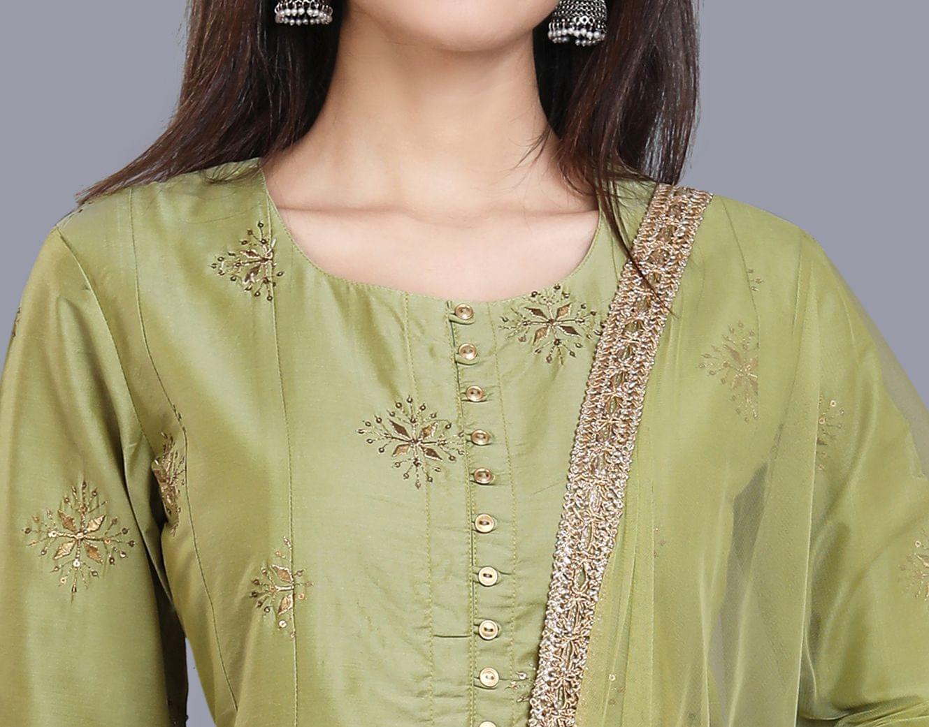 Swarupa Mehandi Green Cotton Silk Embroidered Suit Set