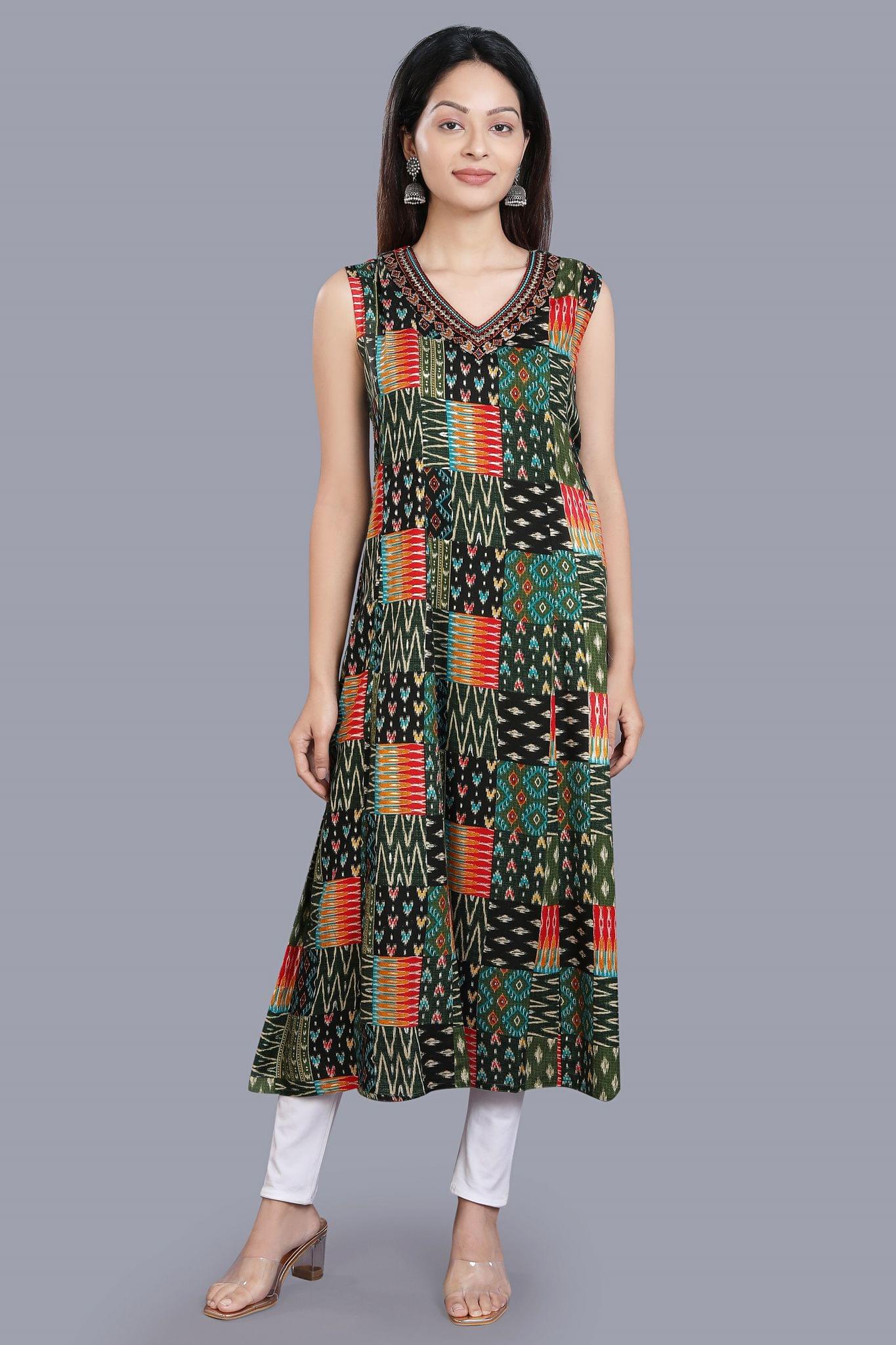 Ciona Black And Green Rayon Print Sleeveless Kurti