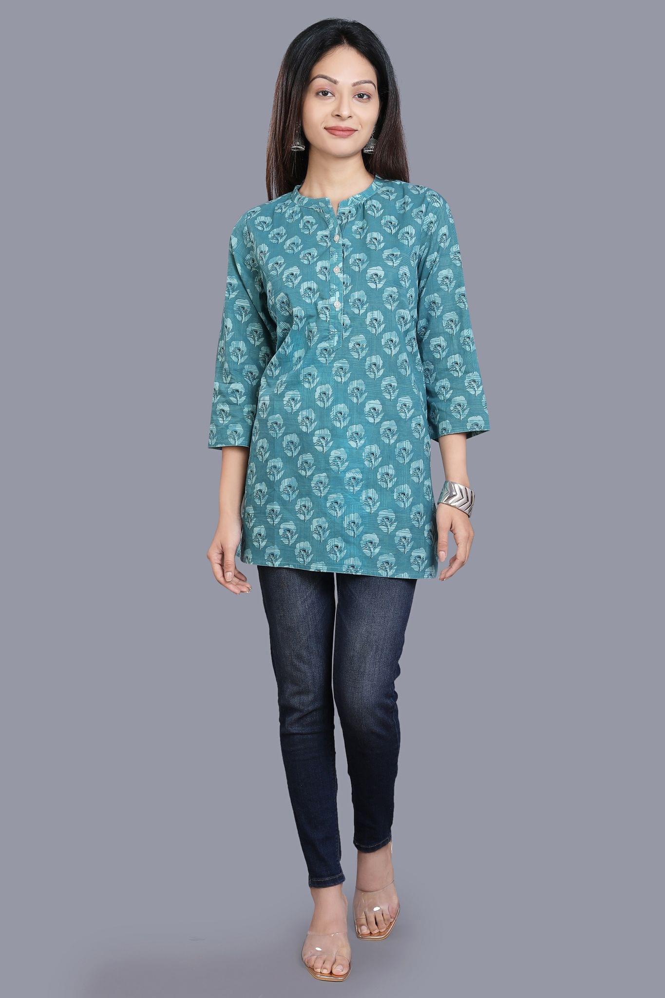 Taniska Blue Cotton Short Kurtis