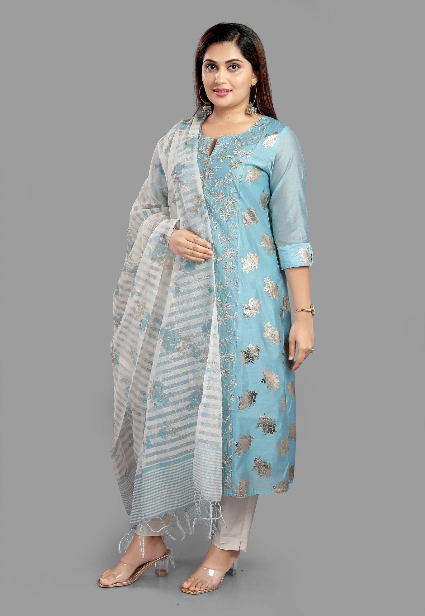 Cherry Sky Blue Cotton Chanderi Printed & Emb A-Line Suit Set