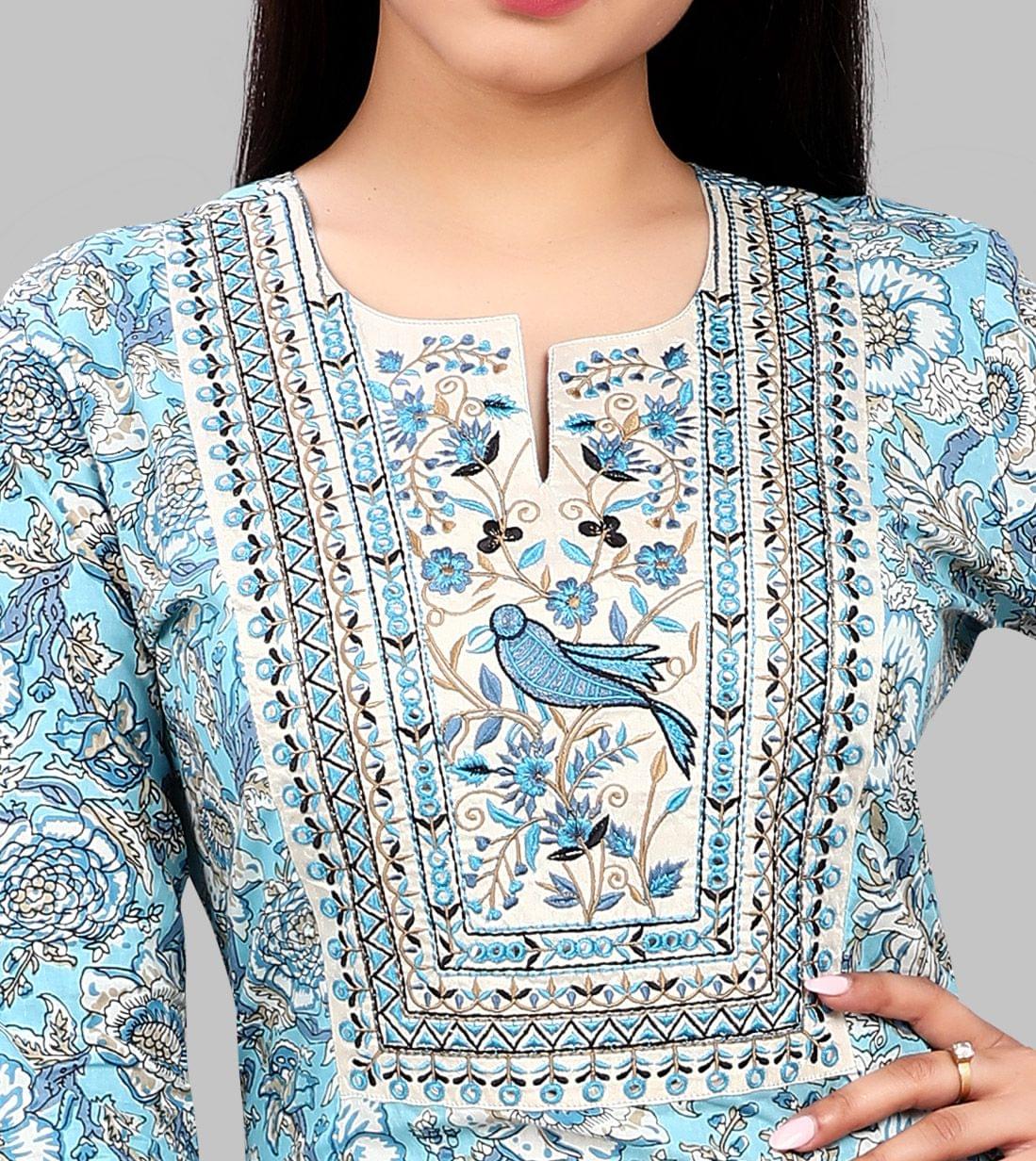 Ezzah Off White & Firozi Jaipuri Cotton Embroidery A Line Kurta