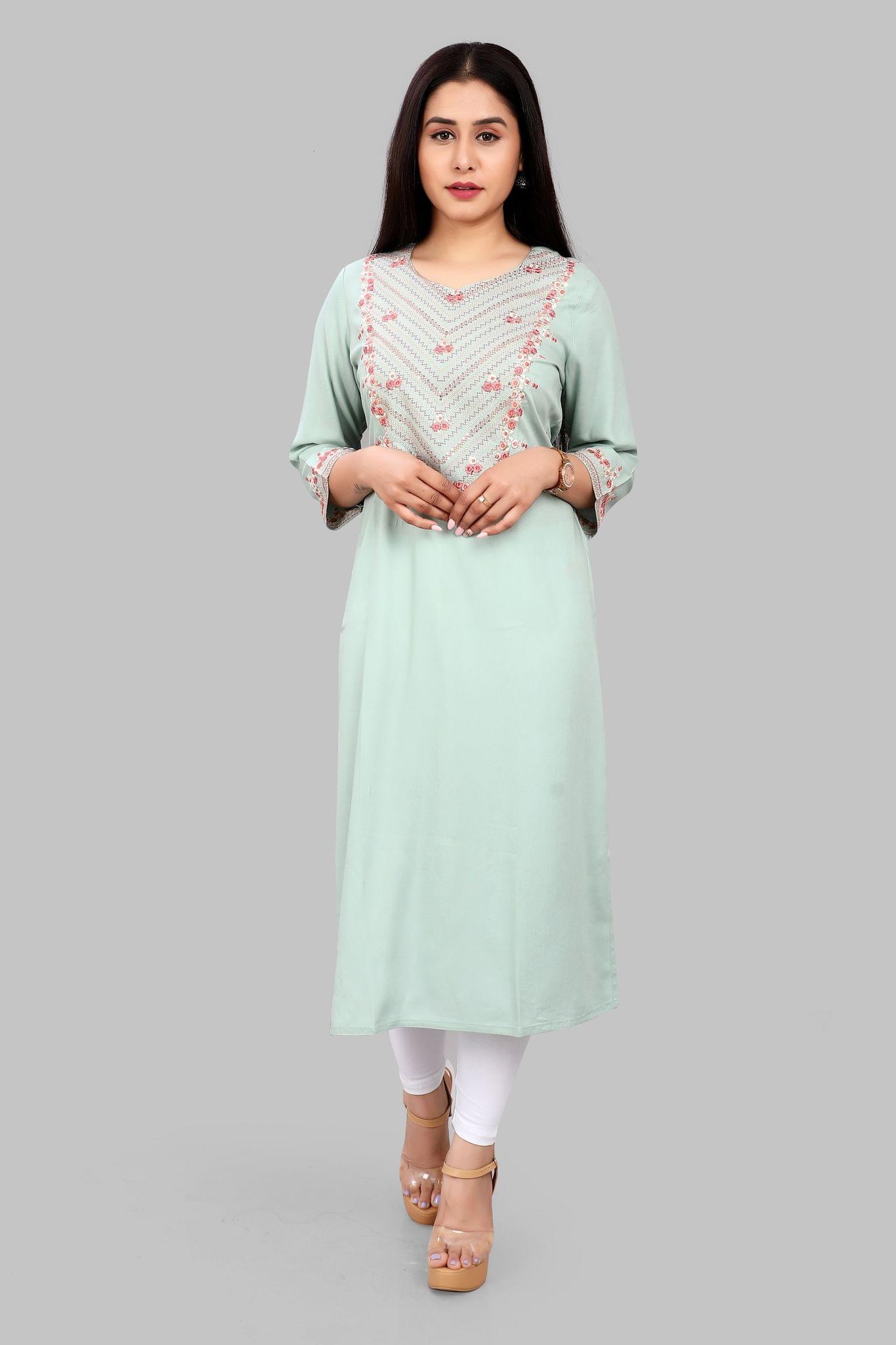 Anisah Aqua Rayon Embroidered Straight Kurtis