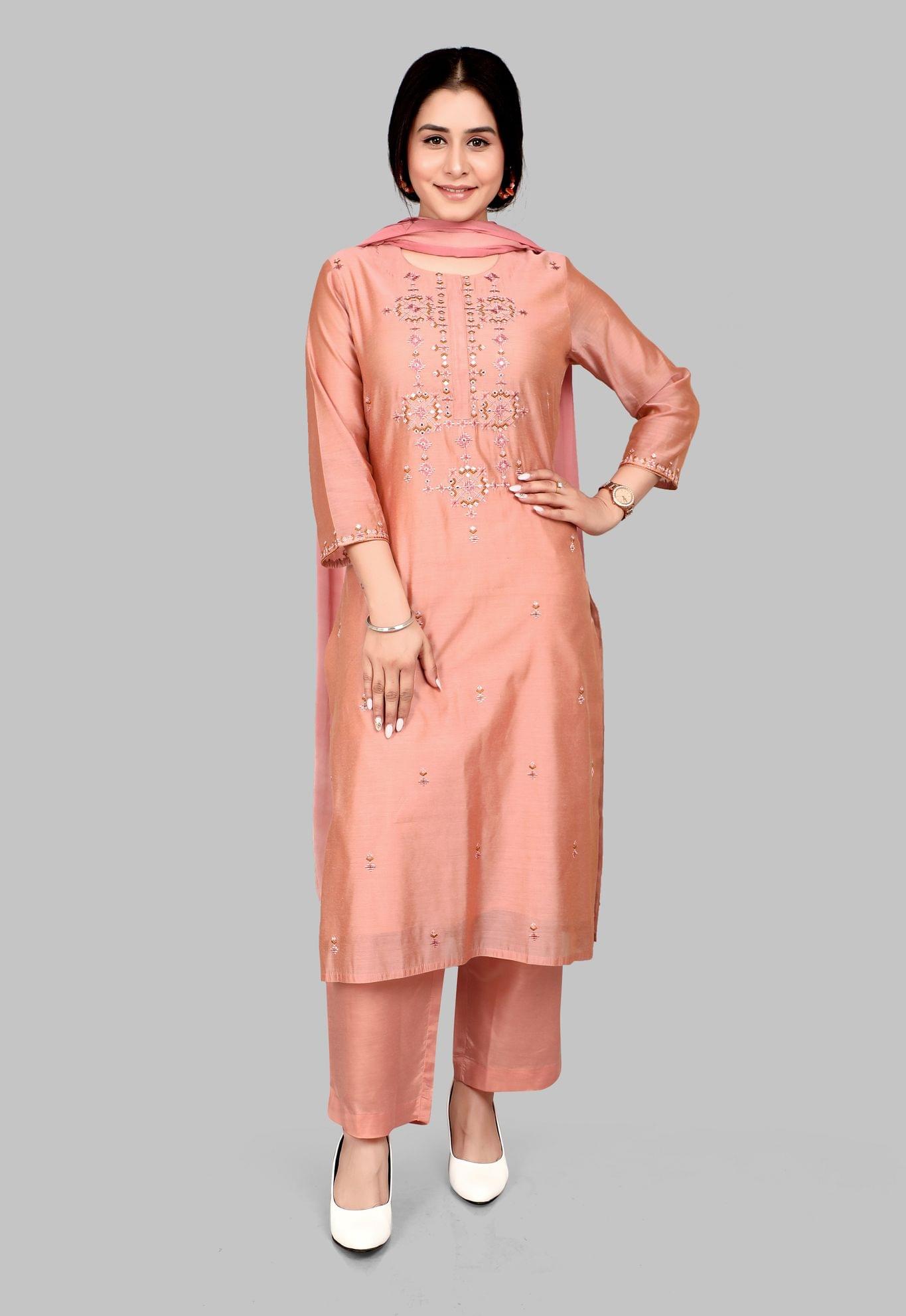 Dimah Peach Cotton Chanderi Embroidered Suit Set
