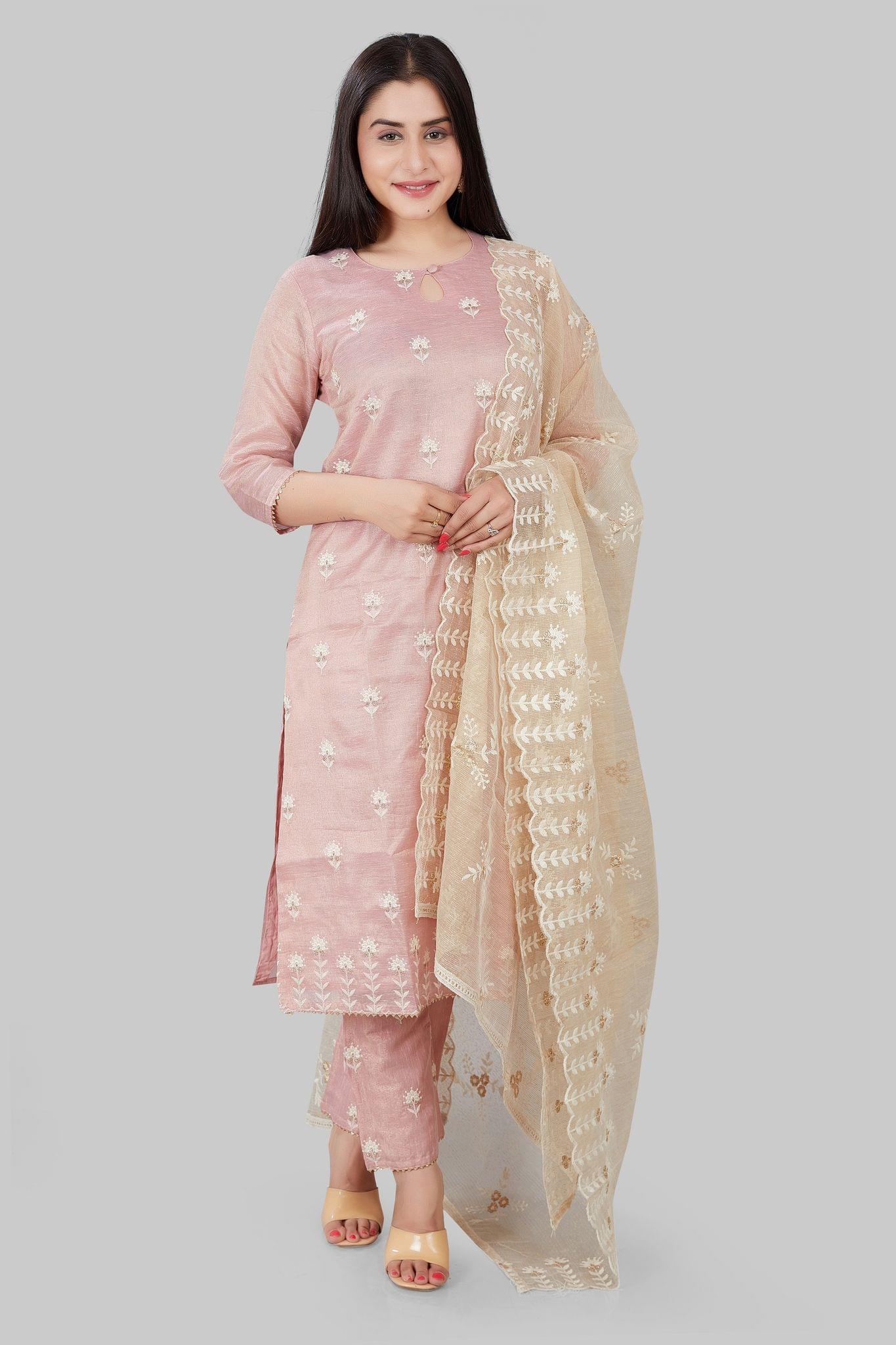 Lubena Light Peach Banarasi Tissu Suit Sets
