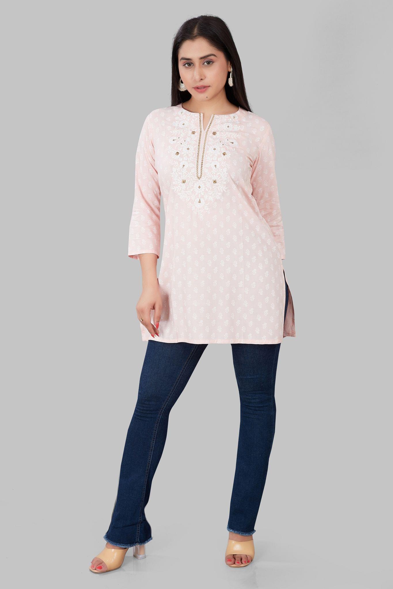 Jabeen Baby Pink Rayon Embroidered Short Kurti
