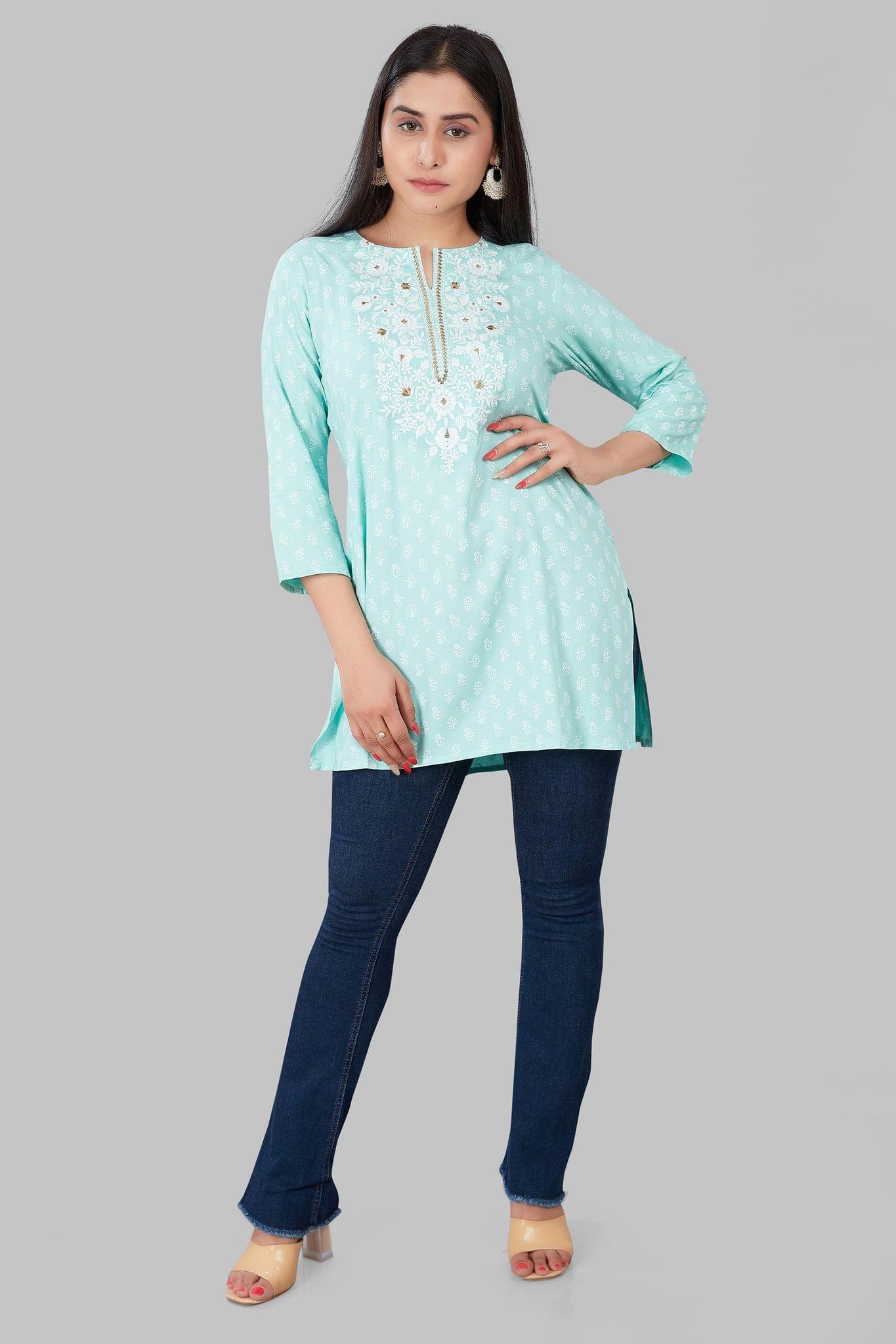 Jabeen Sky Blue Rayon Embroidered Short Kurti