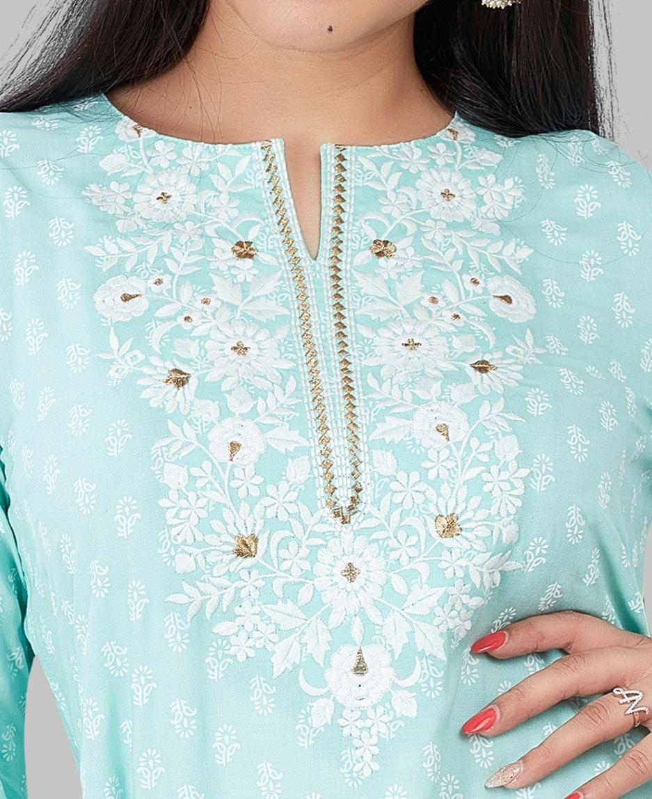 Jabeen Sky Blue Rayon Embroidered Short Kurti