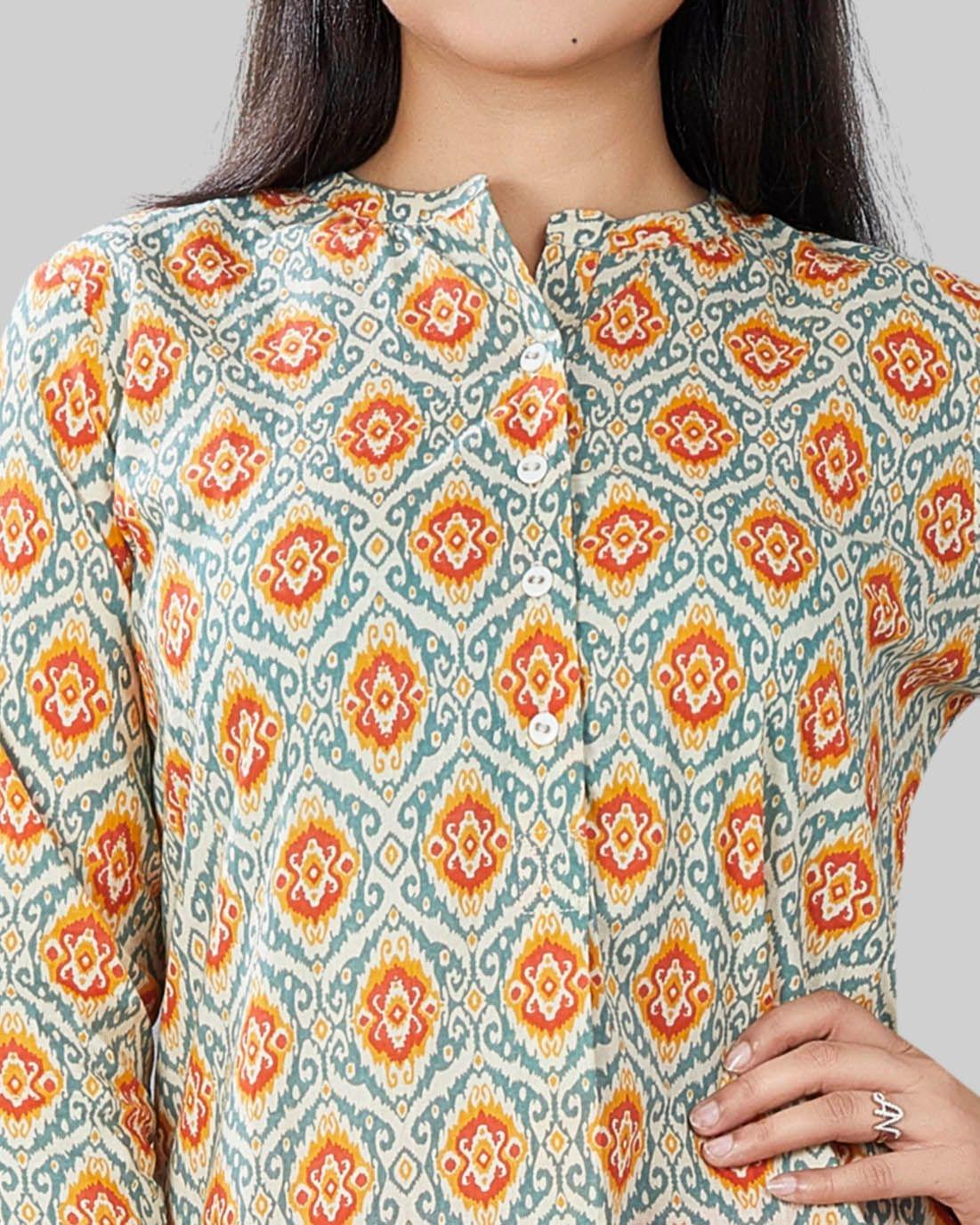 Rifaya Cream & Orange Short Kurtis
