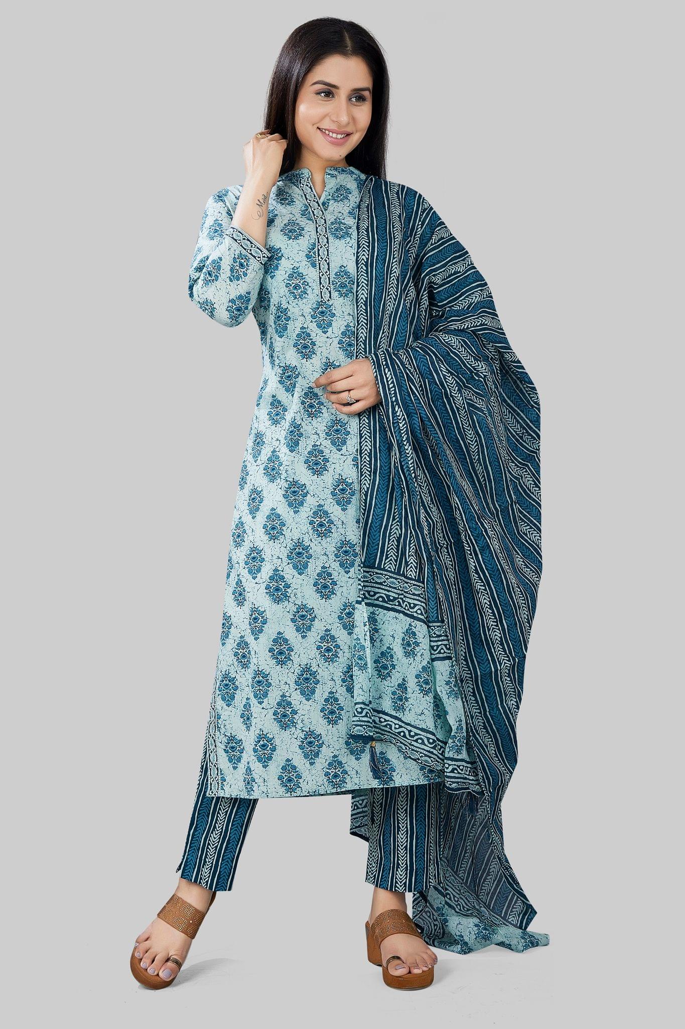 01101B Teal Jaipuri Cotton Suit Set
