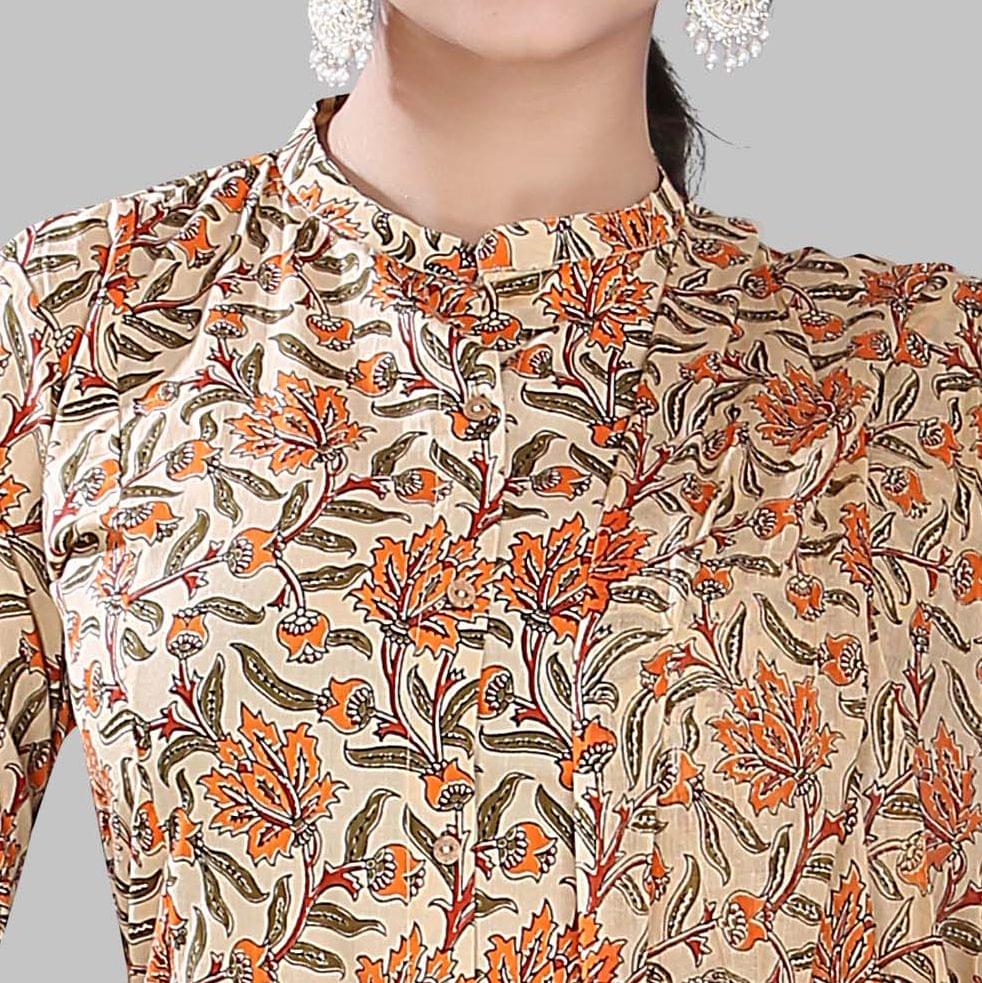 Taslima Cream & Orange Jaipuri Cotton Suit Set