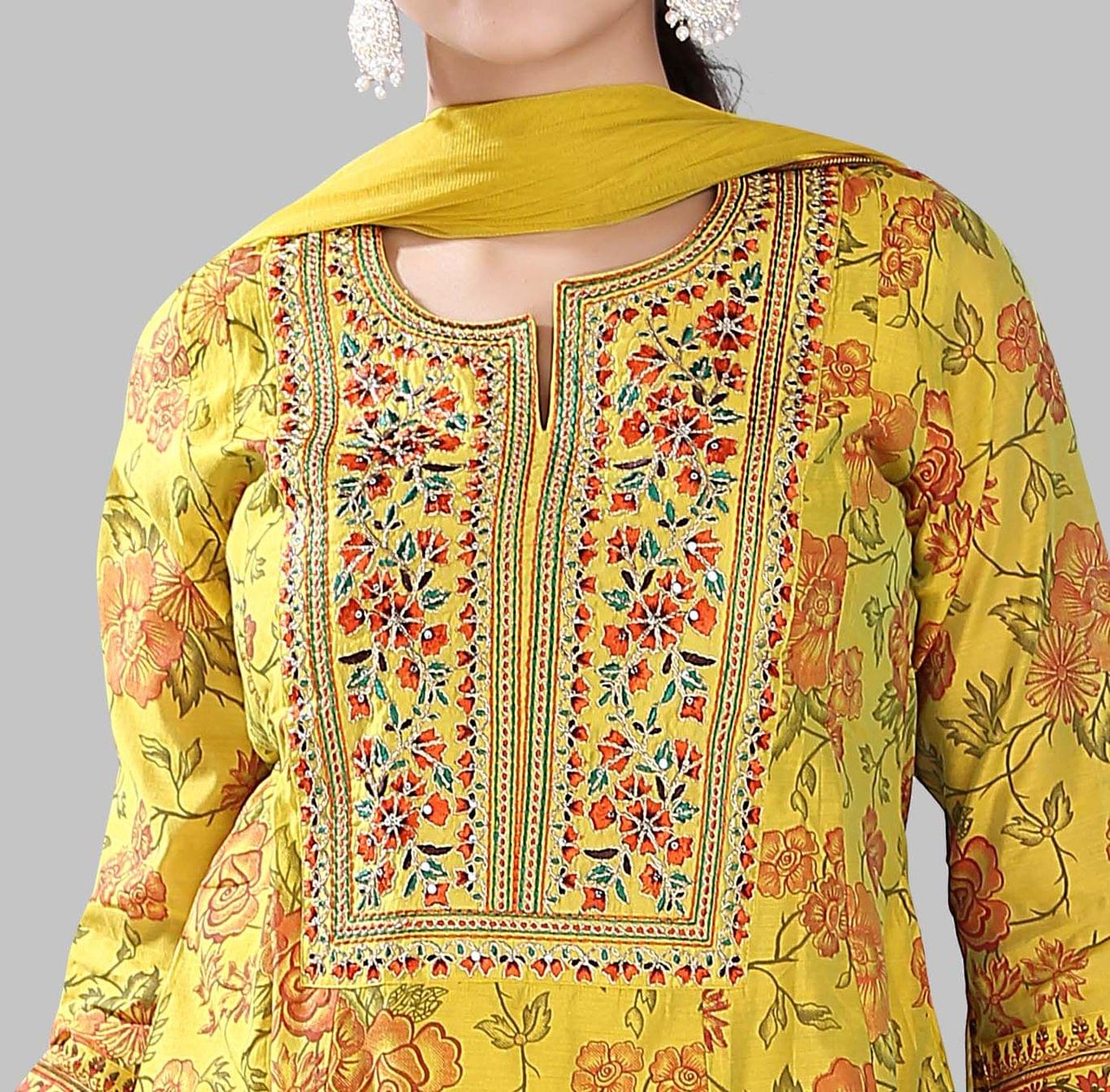 Hamisha Mustard Cotton Chanderi Embroidered Suit Set