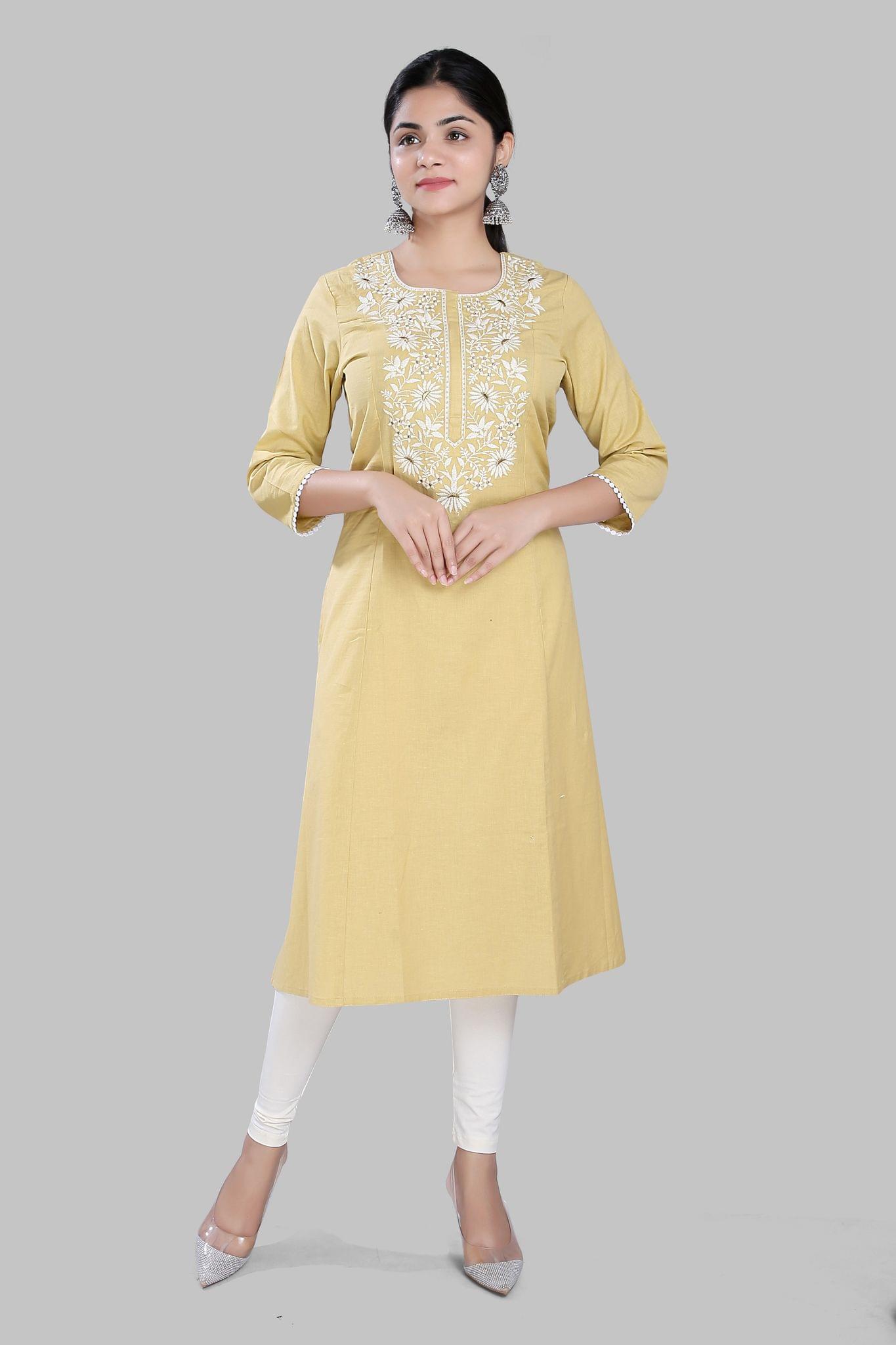 Marhaba Beige Cotton Embroidered Kurti