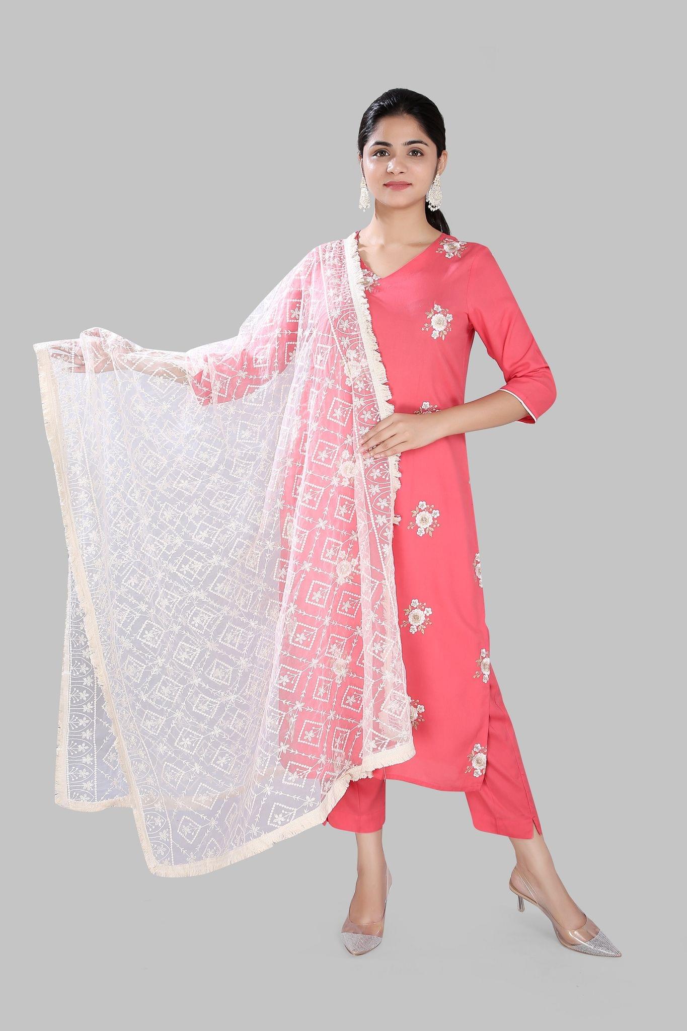 D5 Off White Embroidered Dupatta