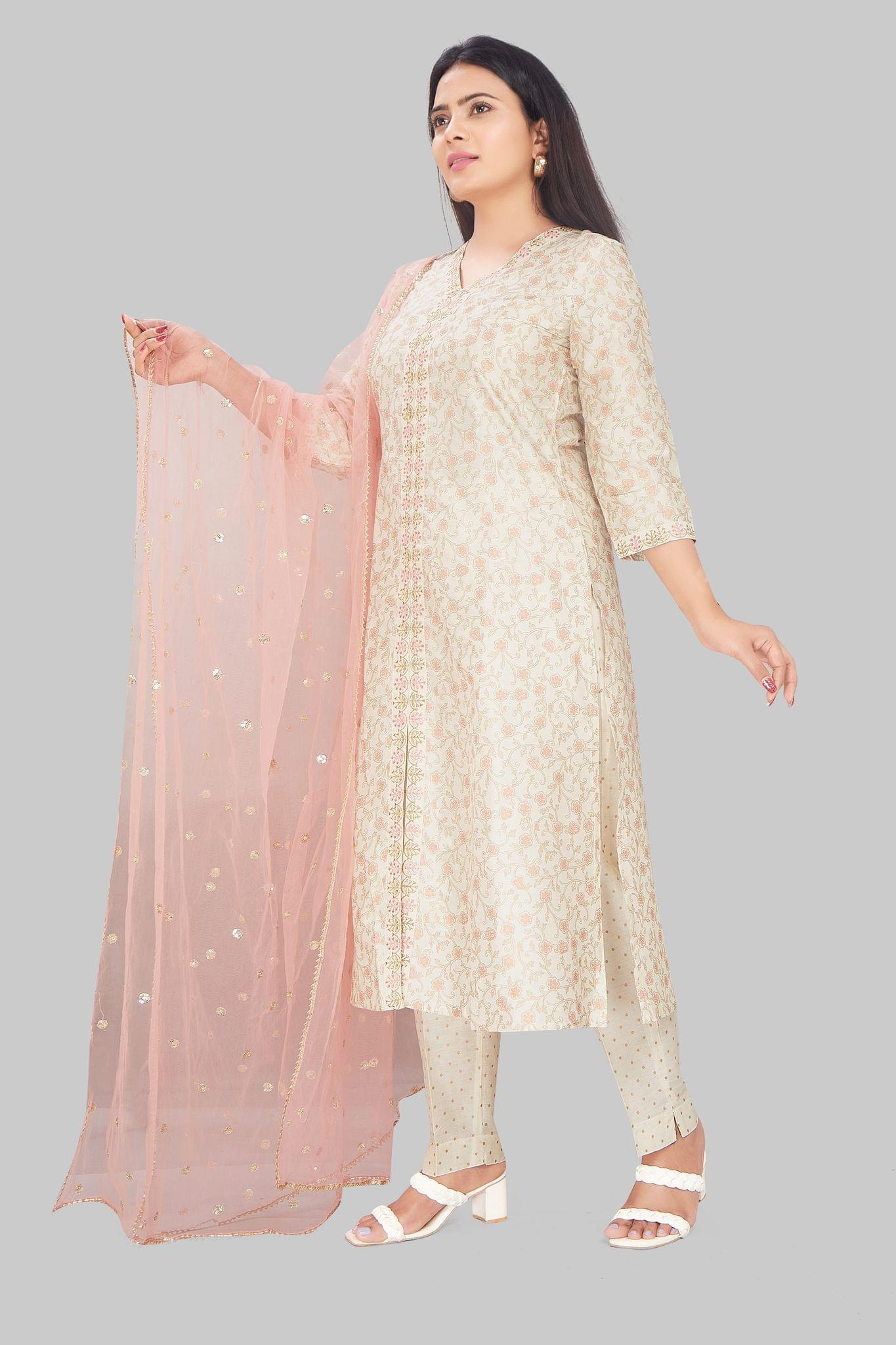 Shaheema Cream Cotton Chanderi Embroidered Suit Set