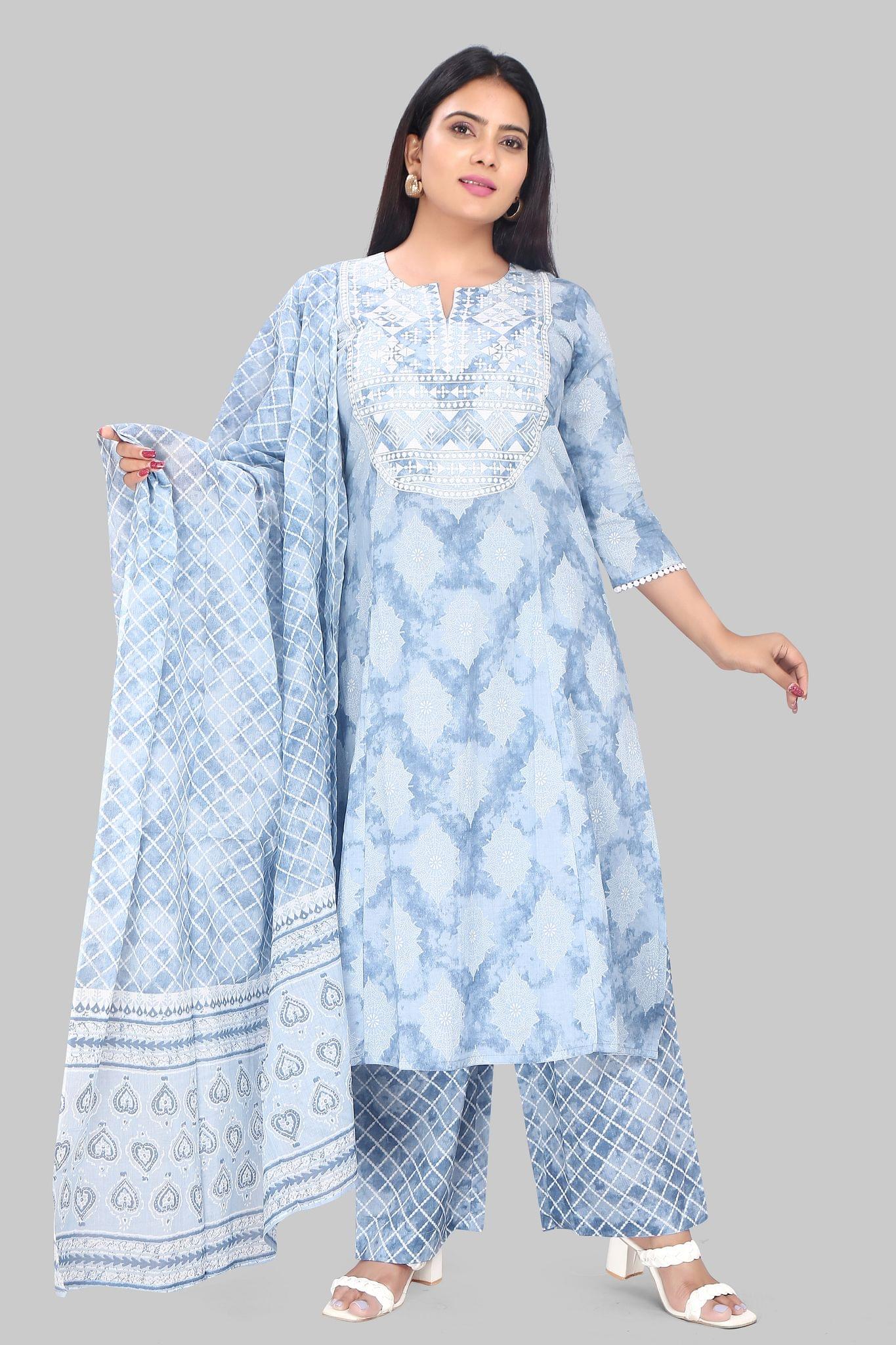 Shaheen Sky Blue Jaipuri Cotton Suit Set