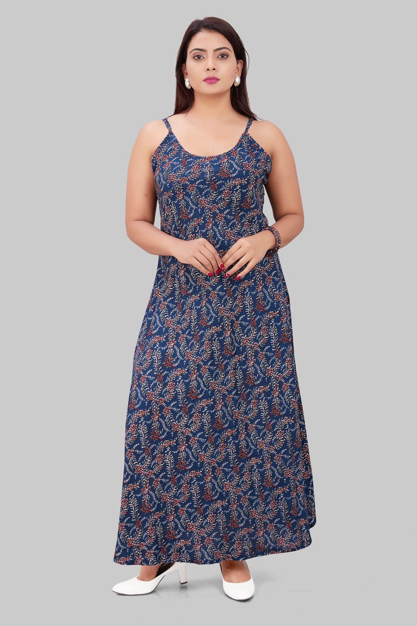 AF028 Navy Blue Cotton Printed Strappy Dress