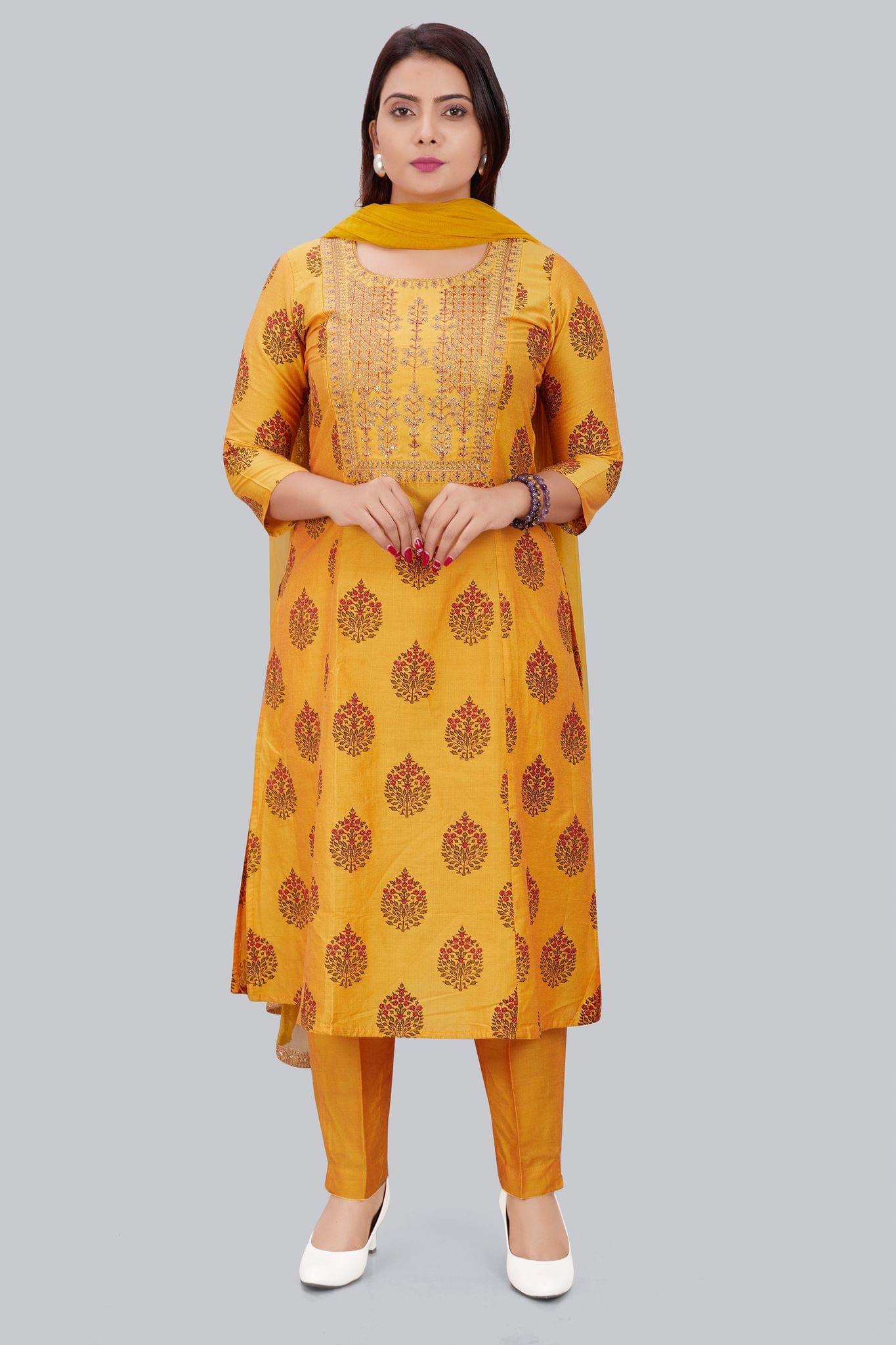 Stella Mustard Cotton Silk Embroidered Suit Set