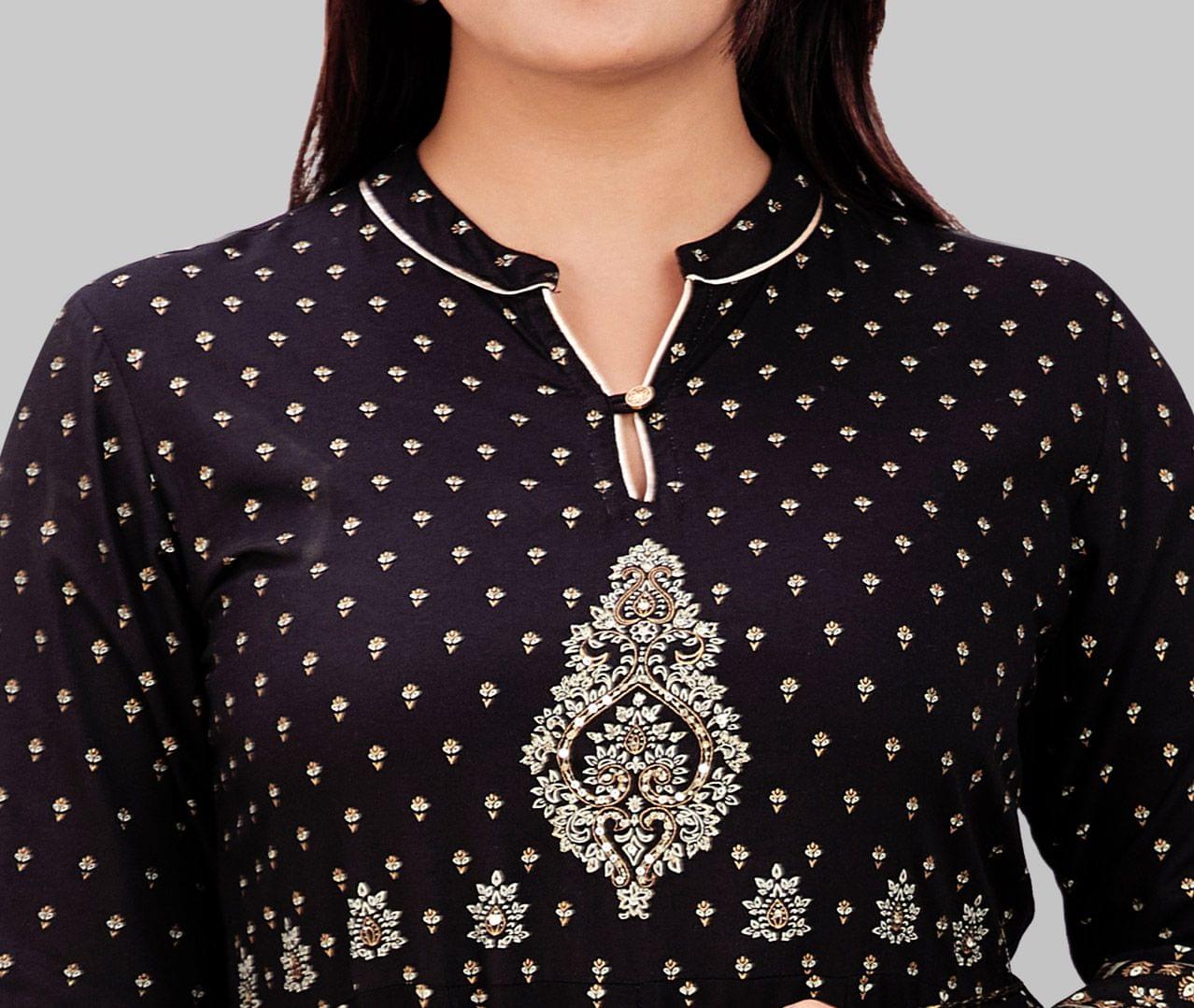 0750 C Black Rayon Embroidery Anarkali Kurti