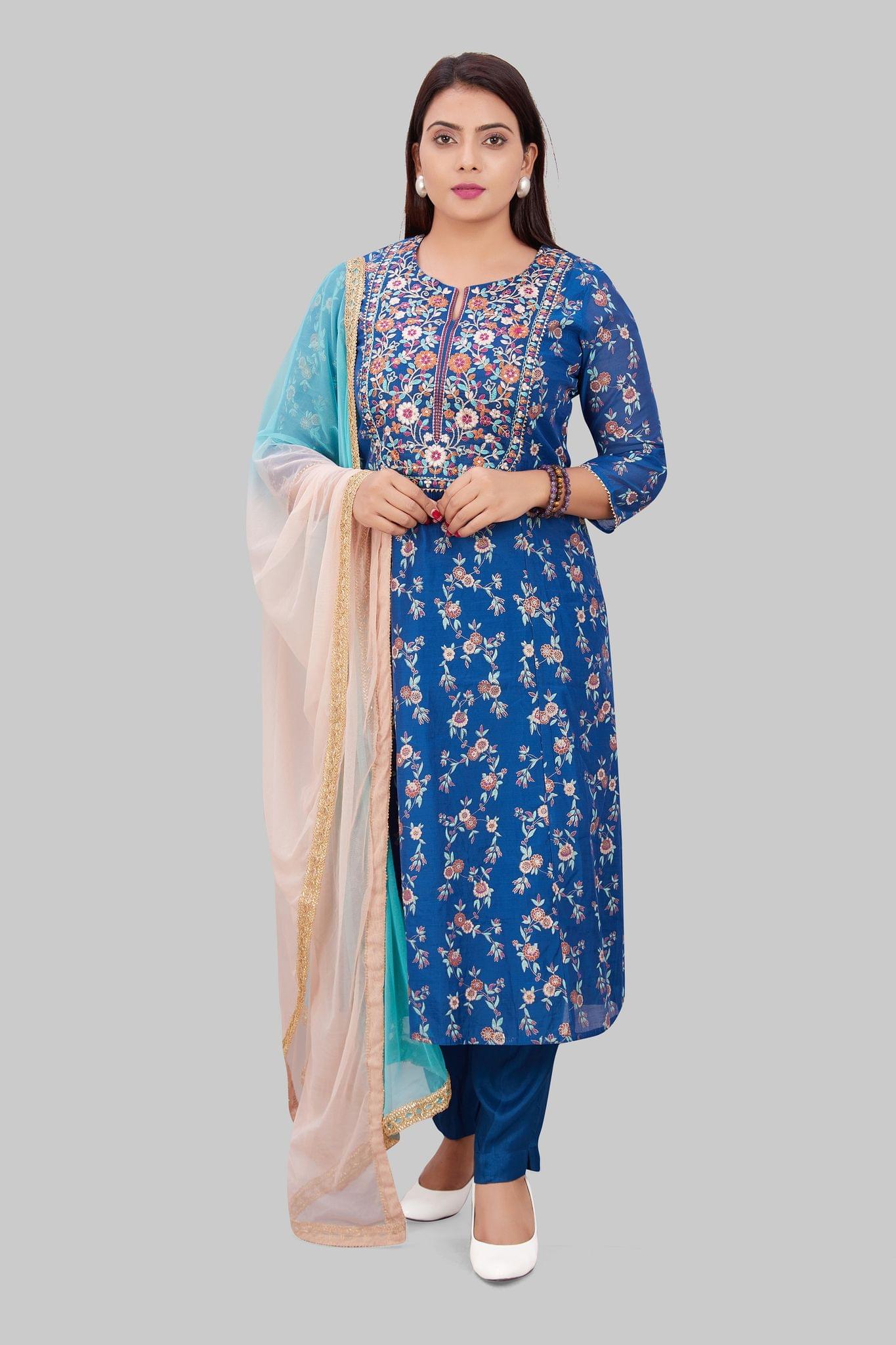 Kenzie Royal Blue Cotton Chanderi Embroidered Suit Set