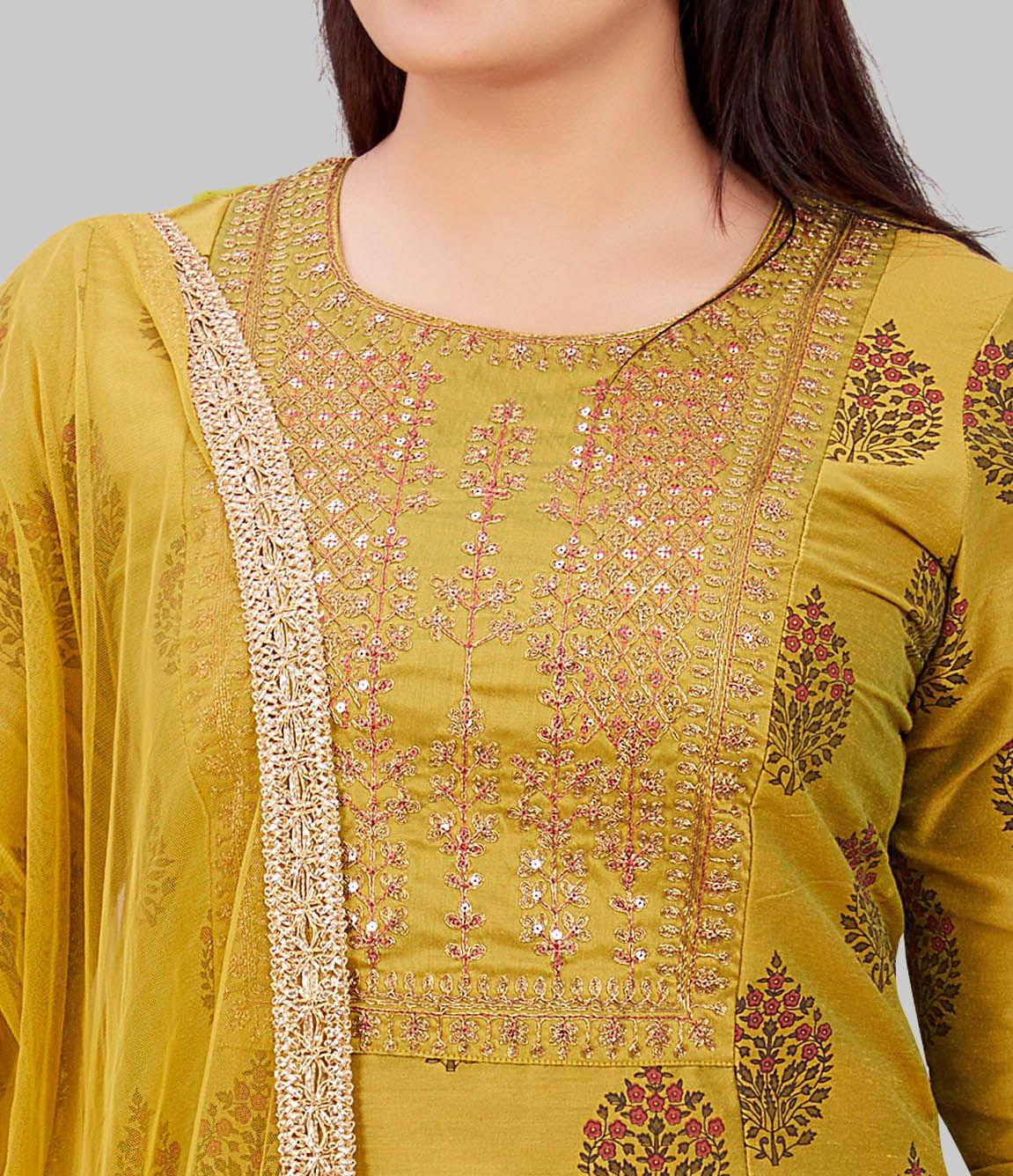 Stella Green Cotton Silk Embroidered Suit Set