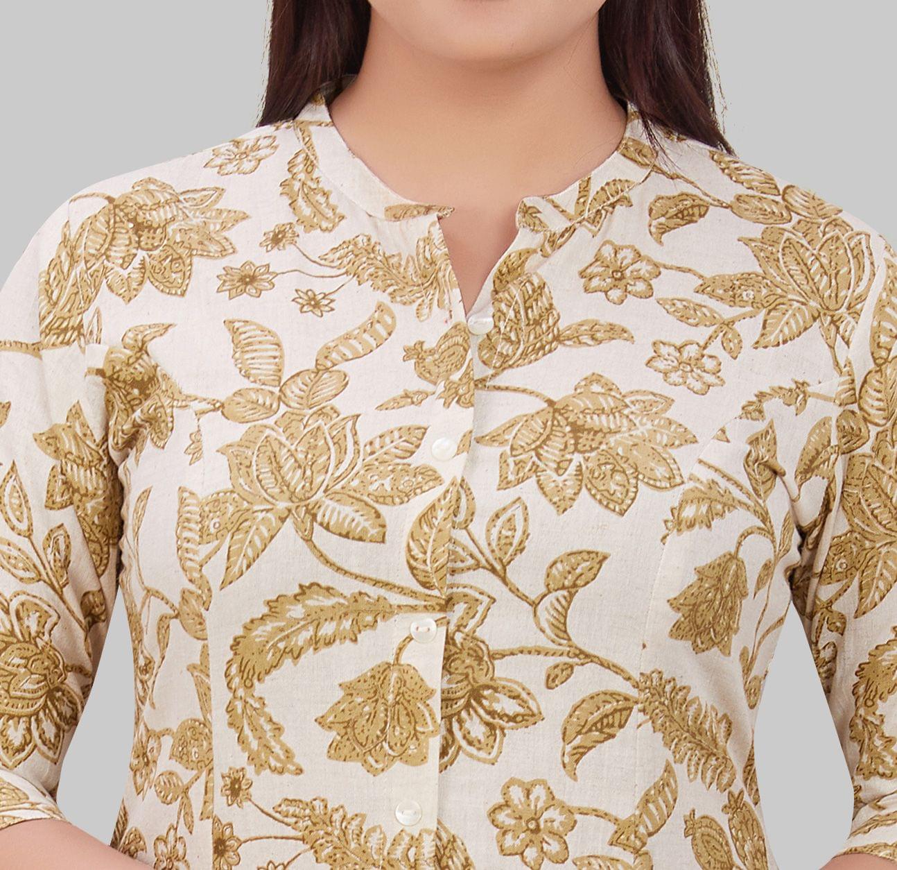Bandisha Off White & Green Flax Cotton A Line Kurta