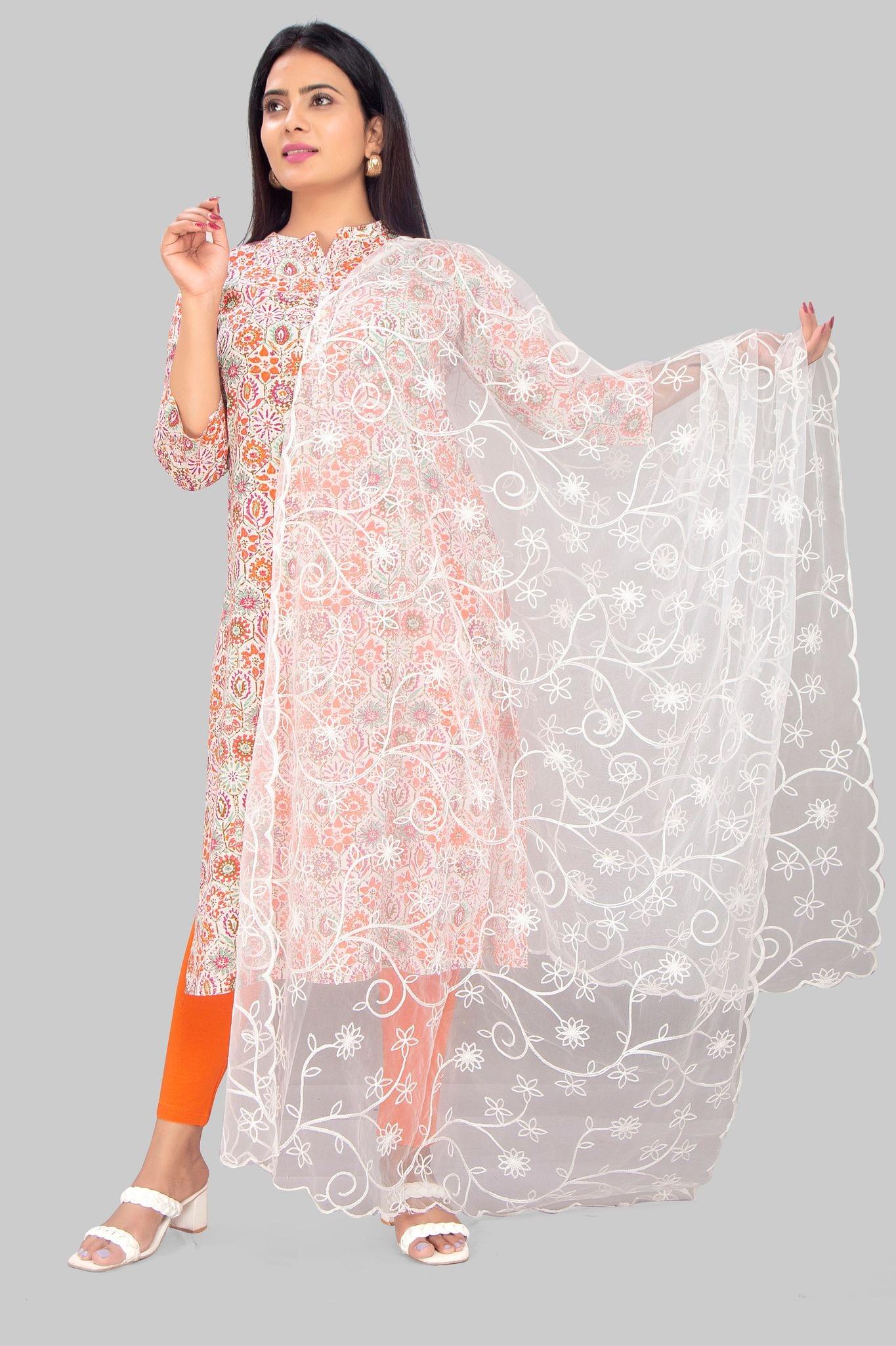 D5 Off White Embroidered Dupatta