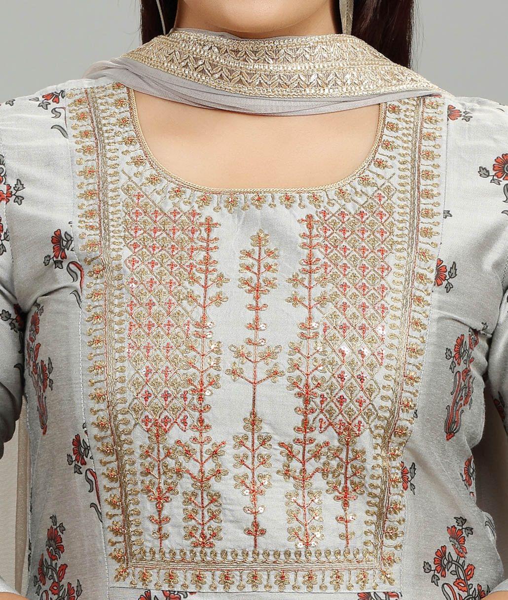 Stella Gray Cotton Silk Embroidered Suit Set