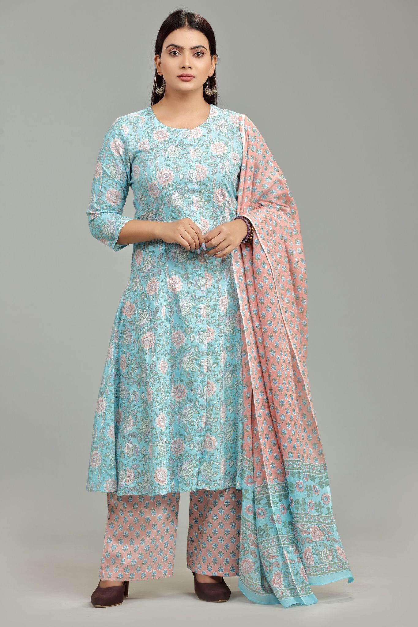 Gunesha Sky Blue Jaipuri Cotton Suit Set