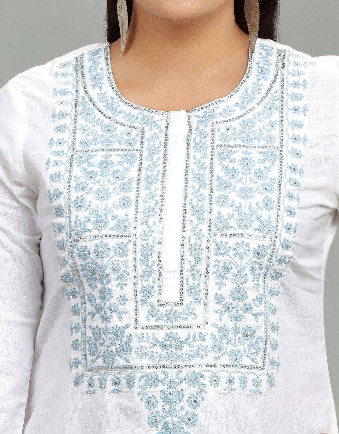 Khudrah White Cotton Embroidered Straight Kurti