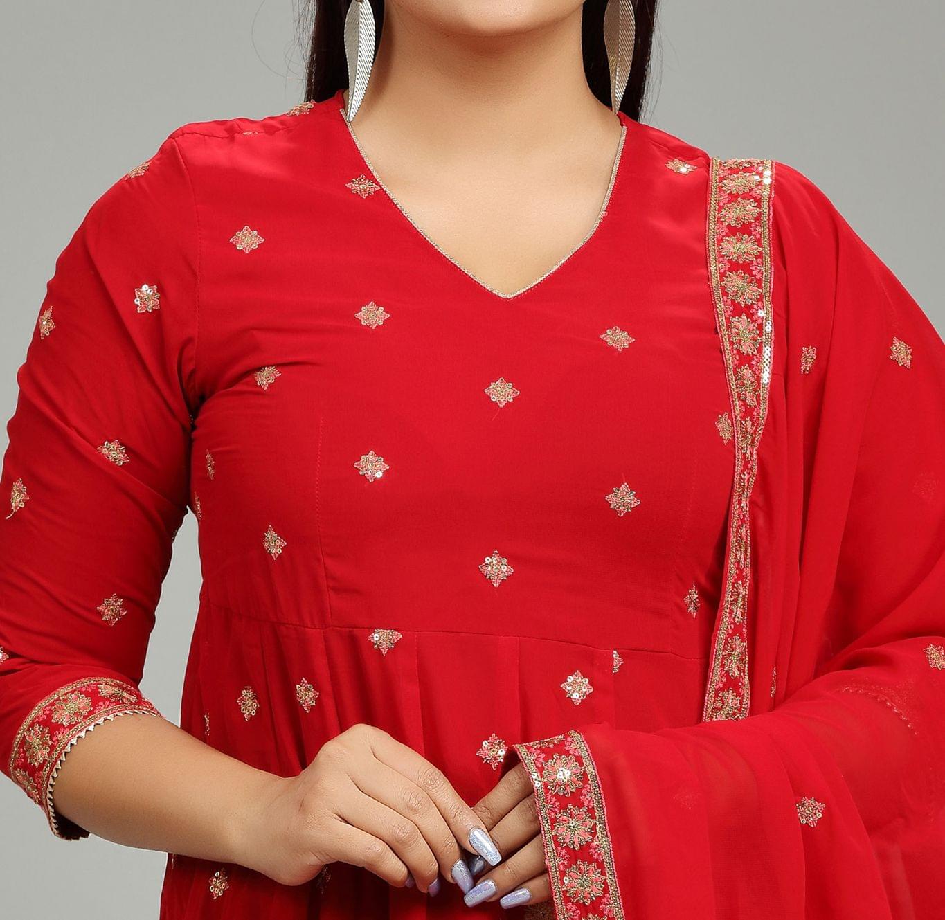 Jyotika Red Georgette Embroidered Suit Set