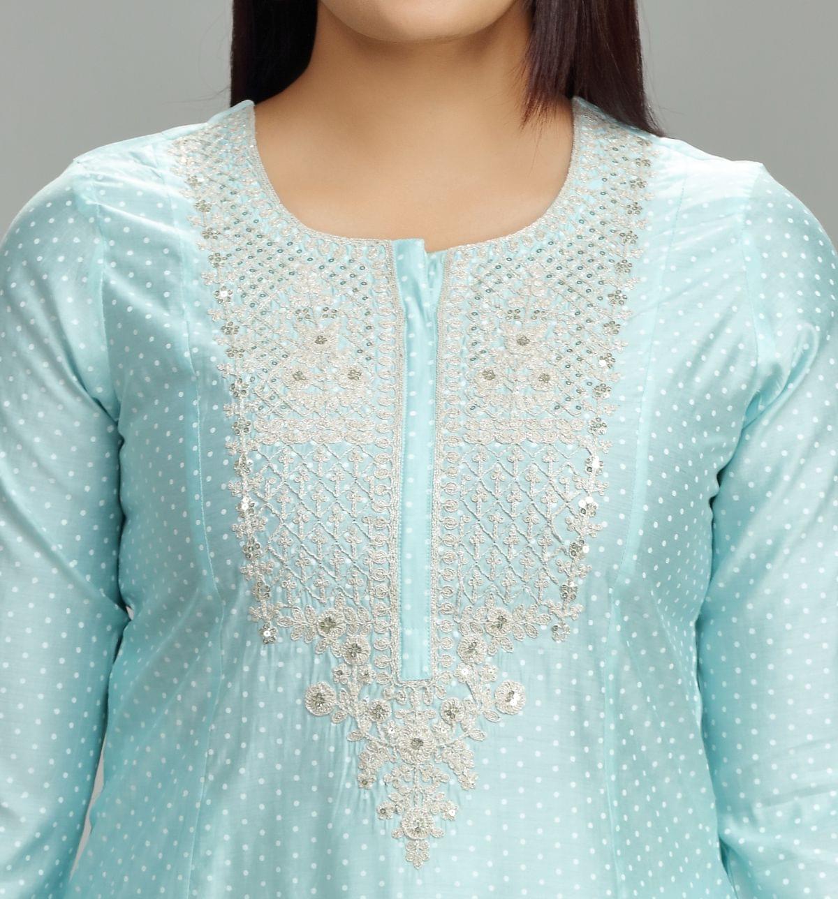 Maithili Sky Blue Cotton Silk Embroidered Straight Kurti