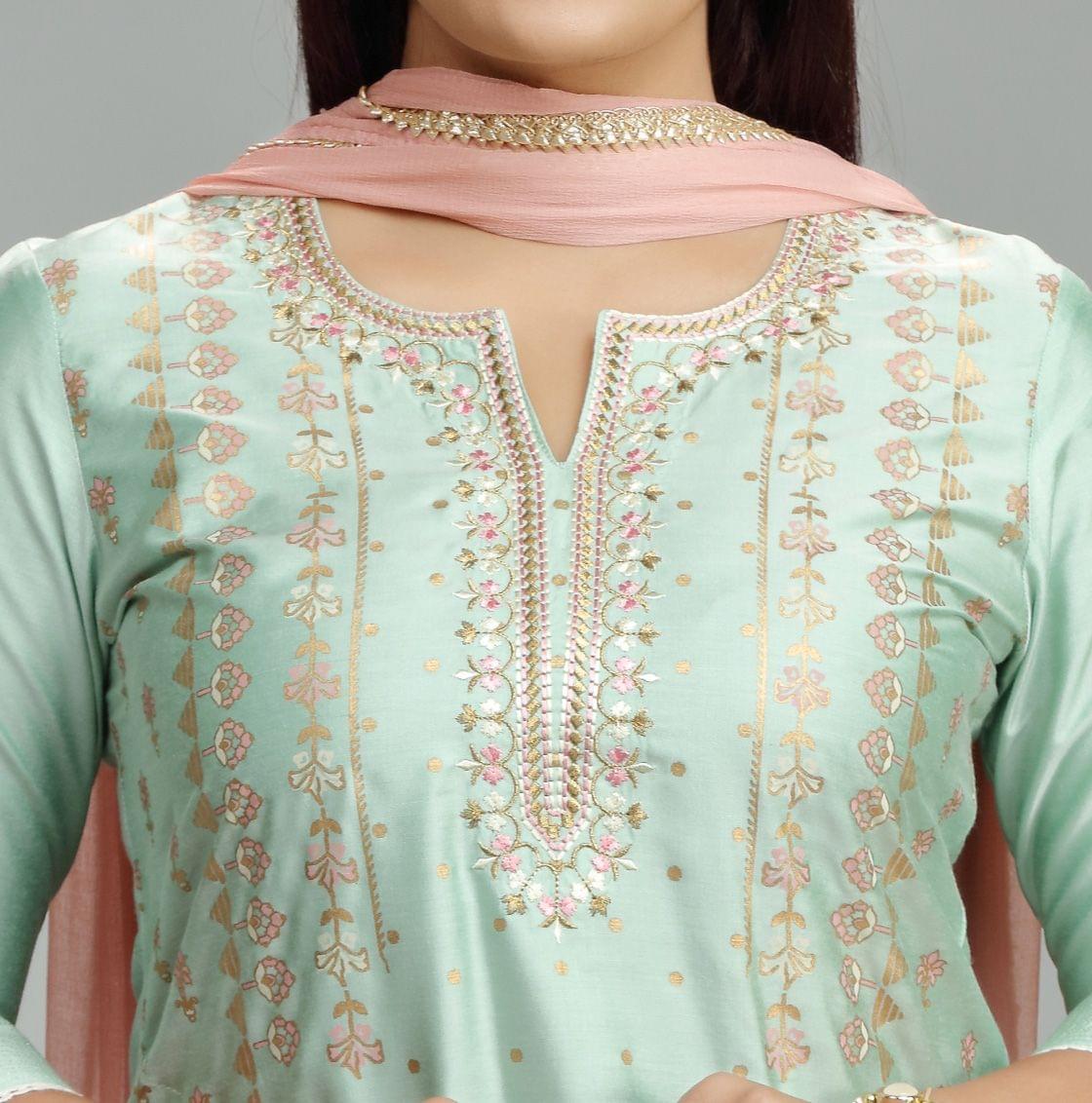 Pehar Pista Green Cotton Silk Embroidered Suit Set
