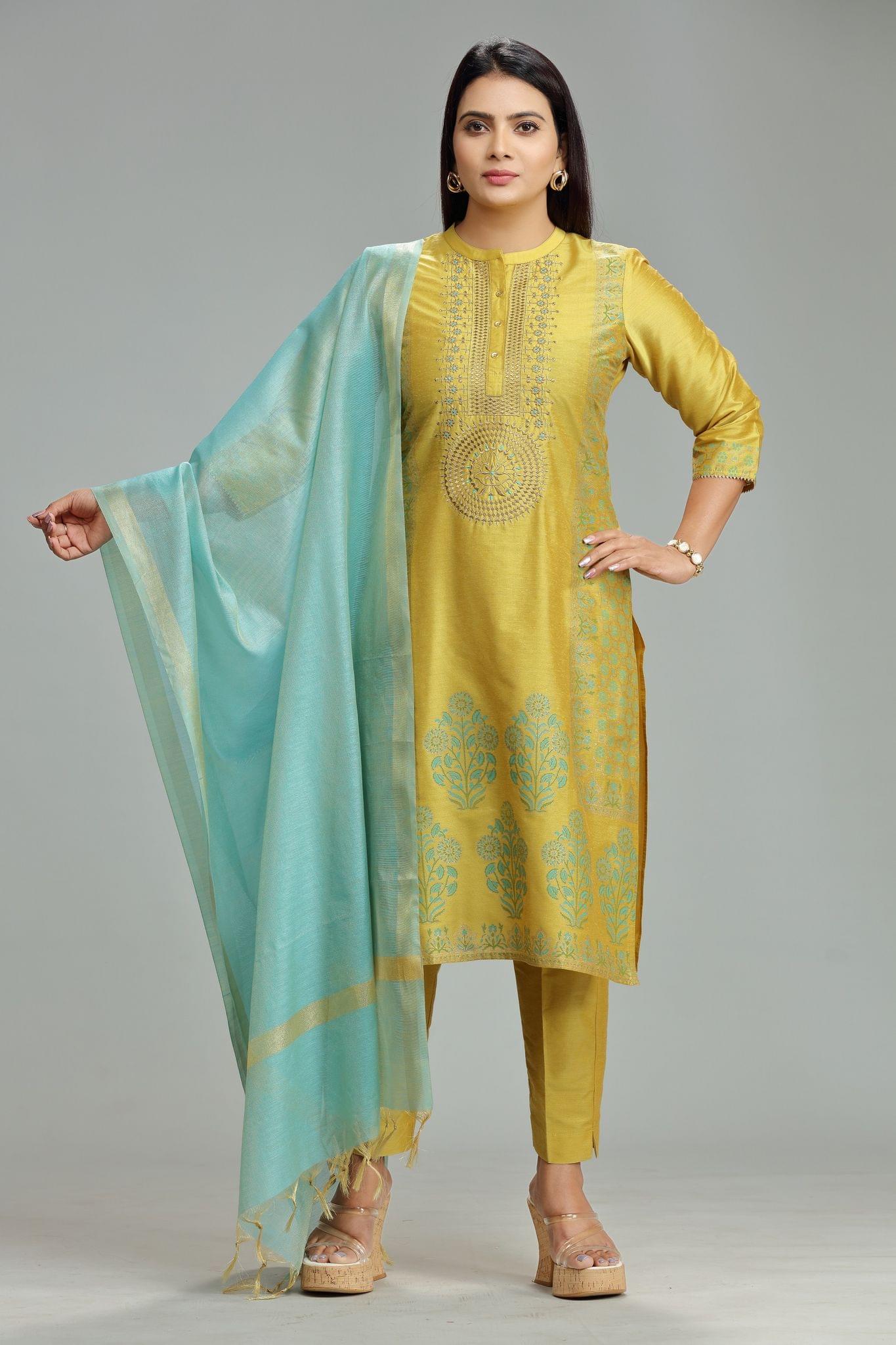 Lokita Mustard Cotton Silk Embroidered Suit Set