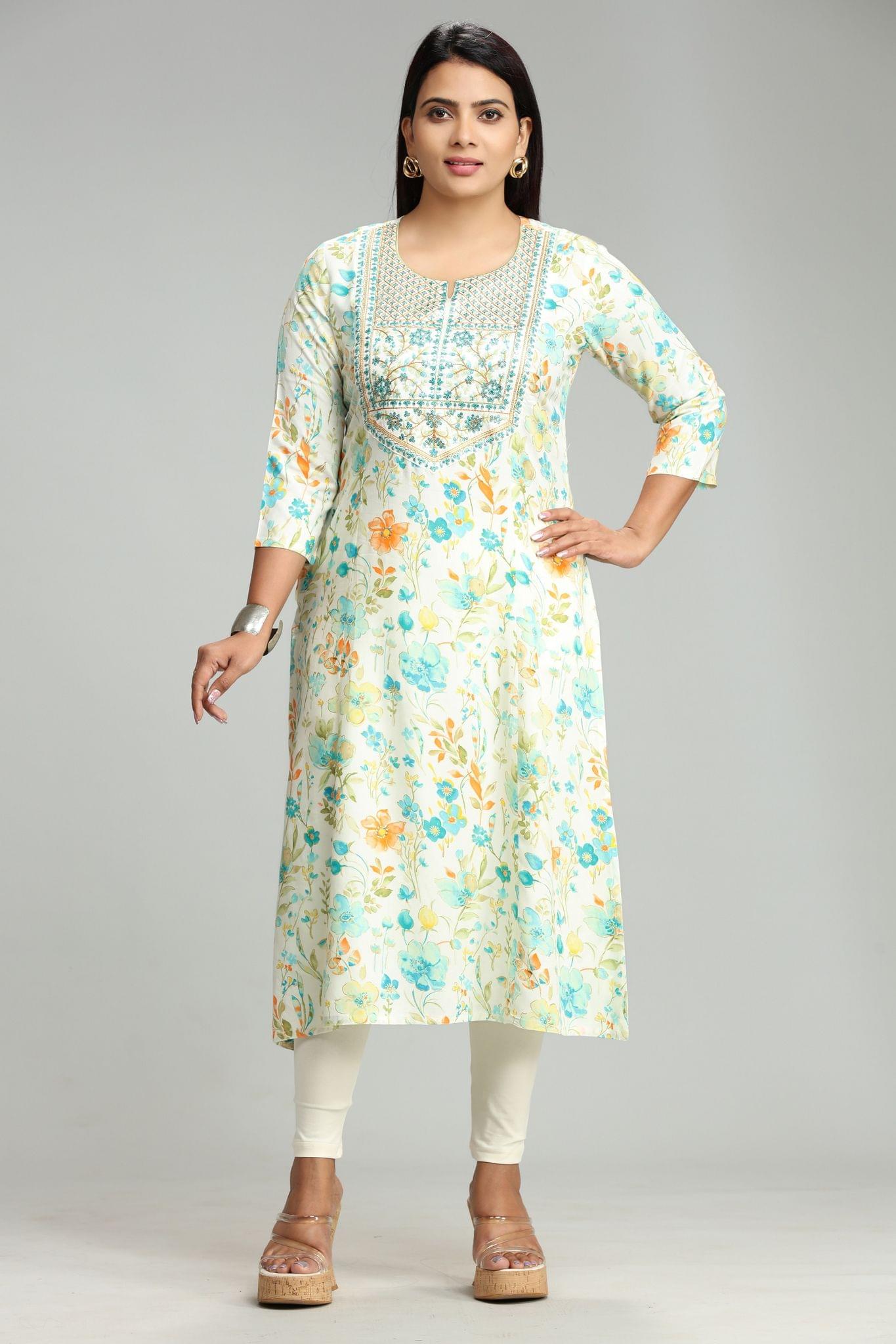 Chanchal Off White & Teal  Rayon Embroidered A-Line Kurta