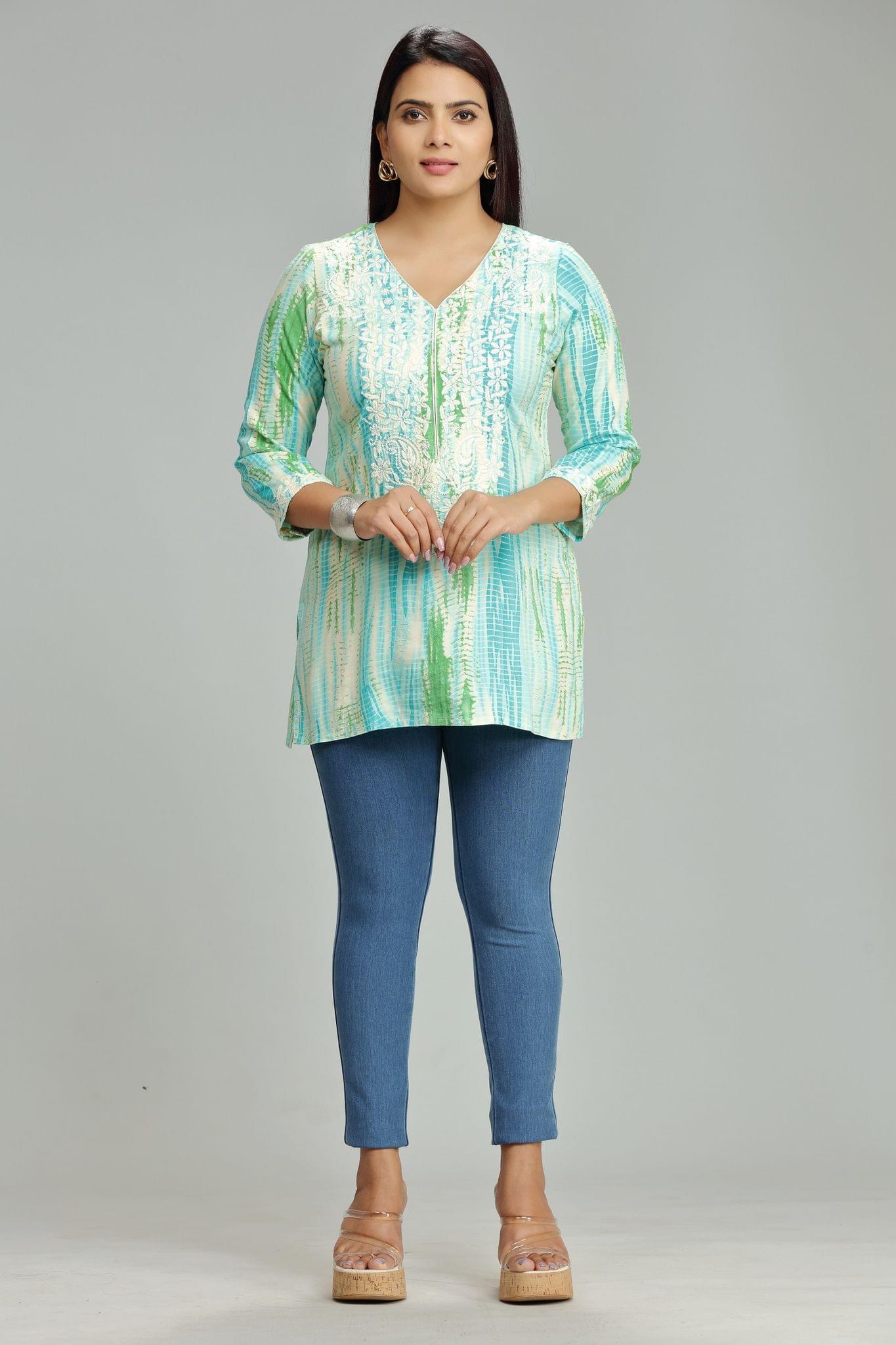 Firaki Teal Rayon Embroidered Short Kurti