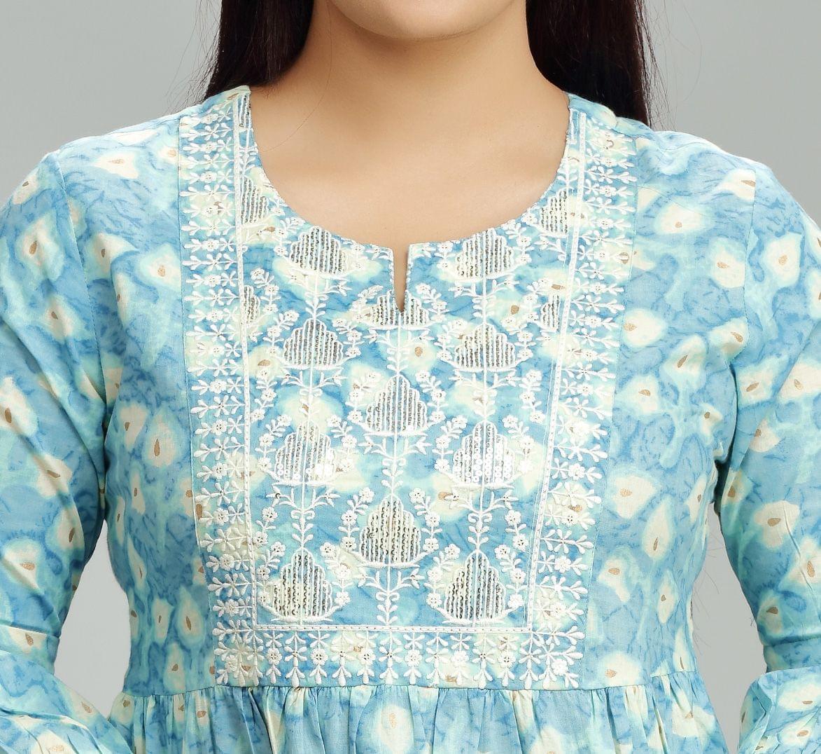 Madhu Light Blue Cotton Embroidered Short Kurti