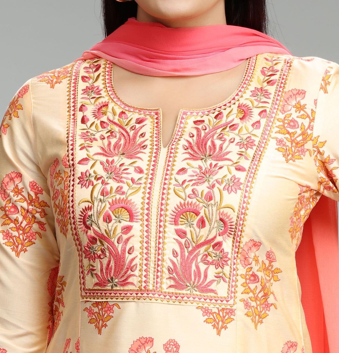 Maheshi Light Orange Cotton Silk Embroidered Suit Set