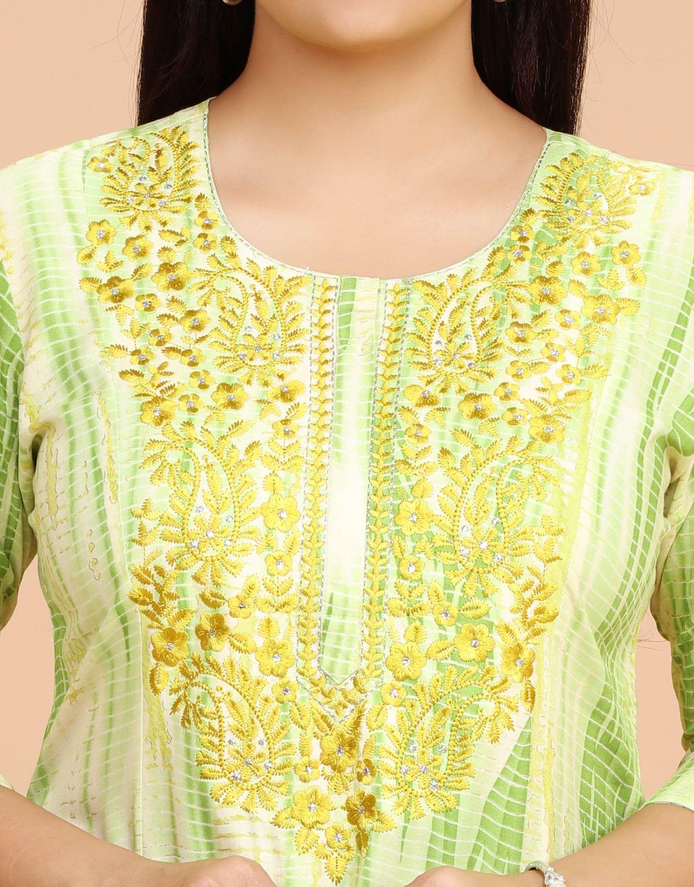 Jaiwanti Green Rayon Embroidered Kurti