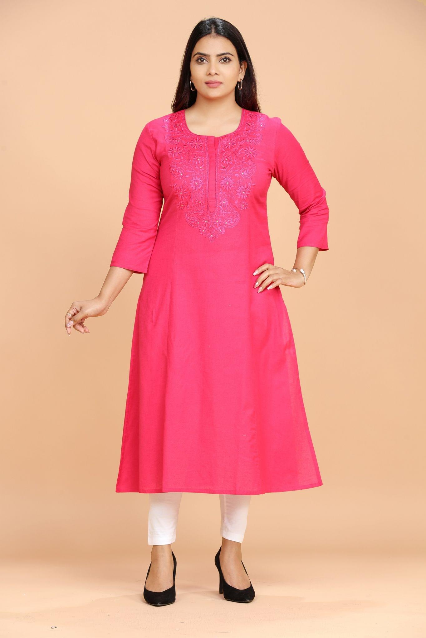 Ishwari Rani Pink Cotton Embroidered Kurti