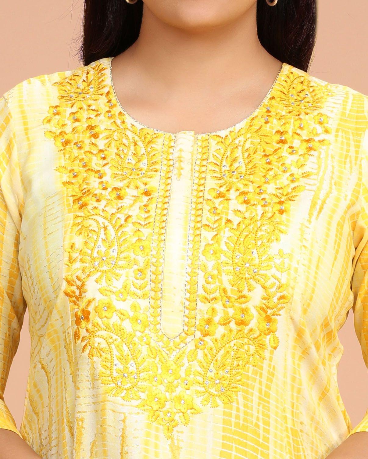 Jaiwanti Yellow Rayon Embroidered Kurti